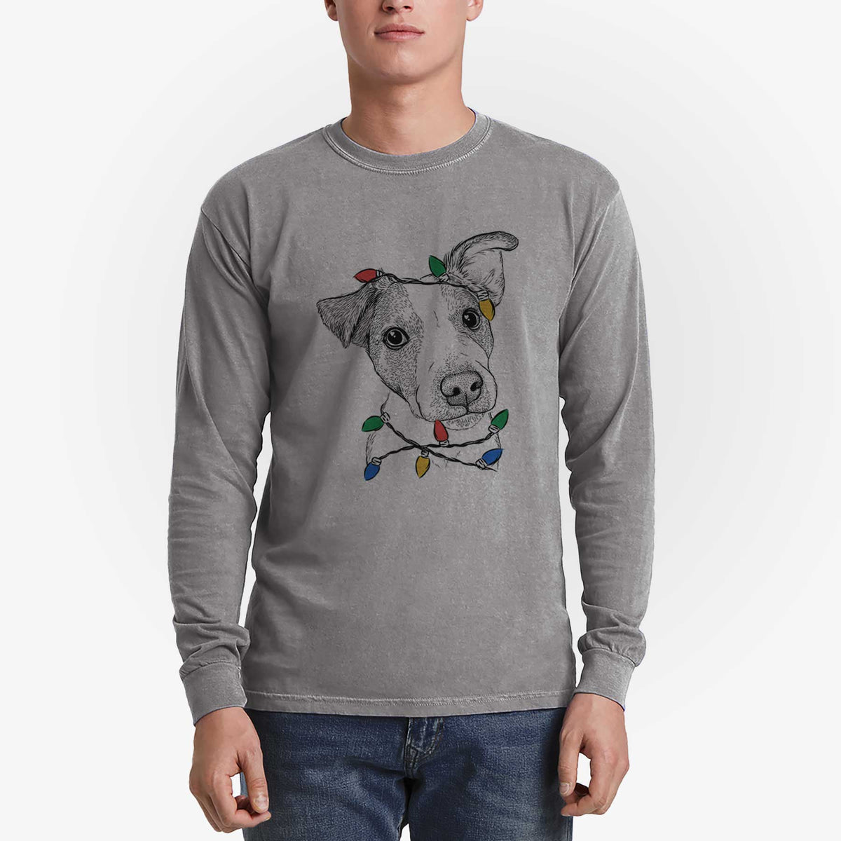 Christmas Lights Bosse the Jack Russell Terrier - Heavyweight 100% Cotton Long Sleeve