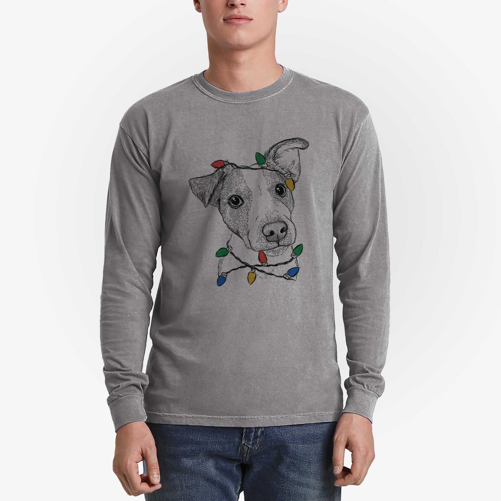 Christmas Lights Bosse the Jack Russell Terrier - Heavyweight 100% Cotton Long Sleeve