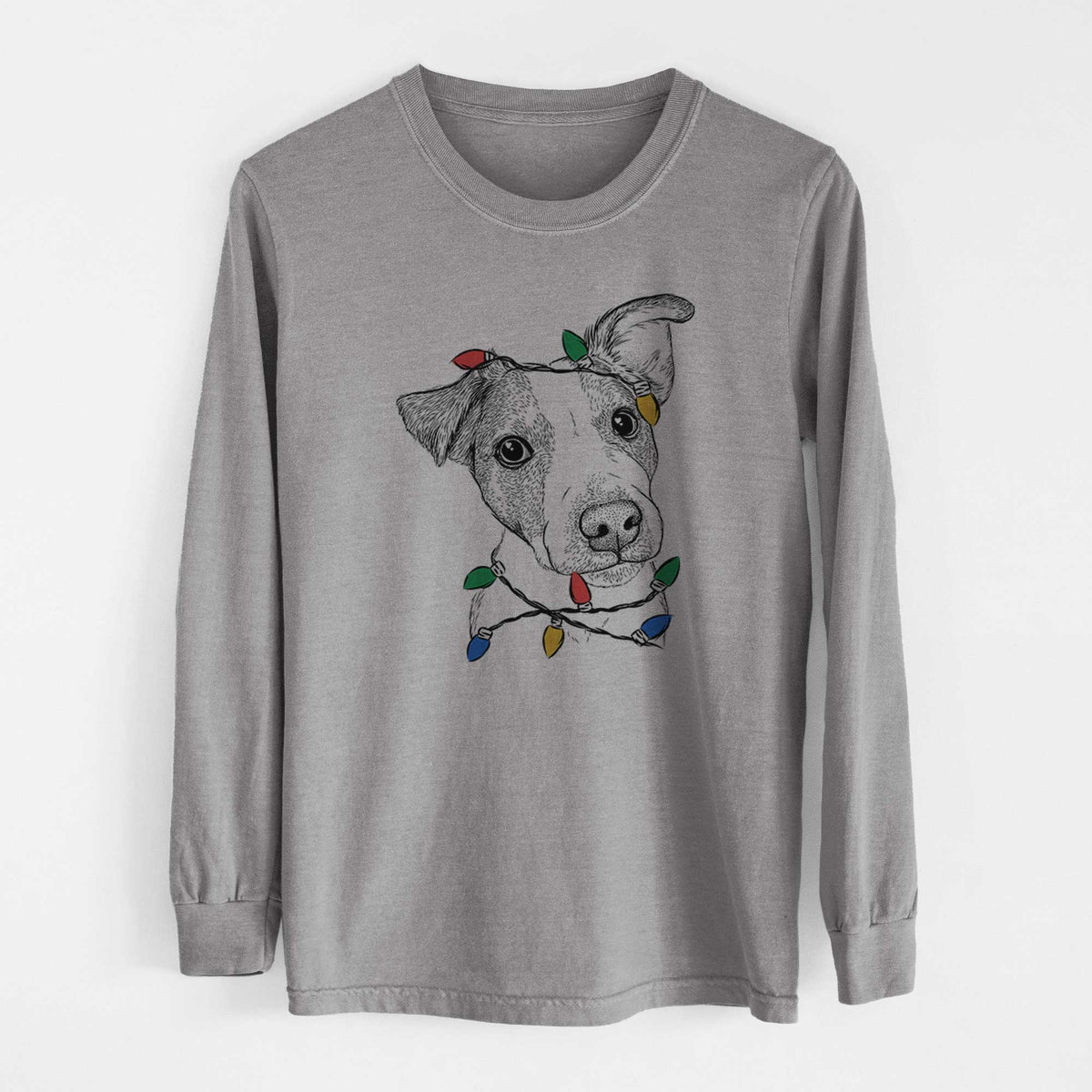 Christmas Lights Bosse the Jack Russell Terrier - Heavyweight 100% Cotton Long Sleeve