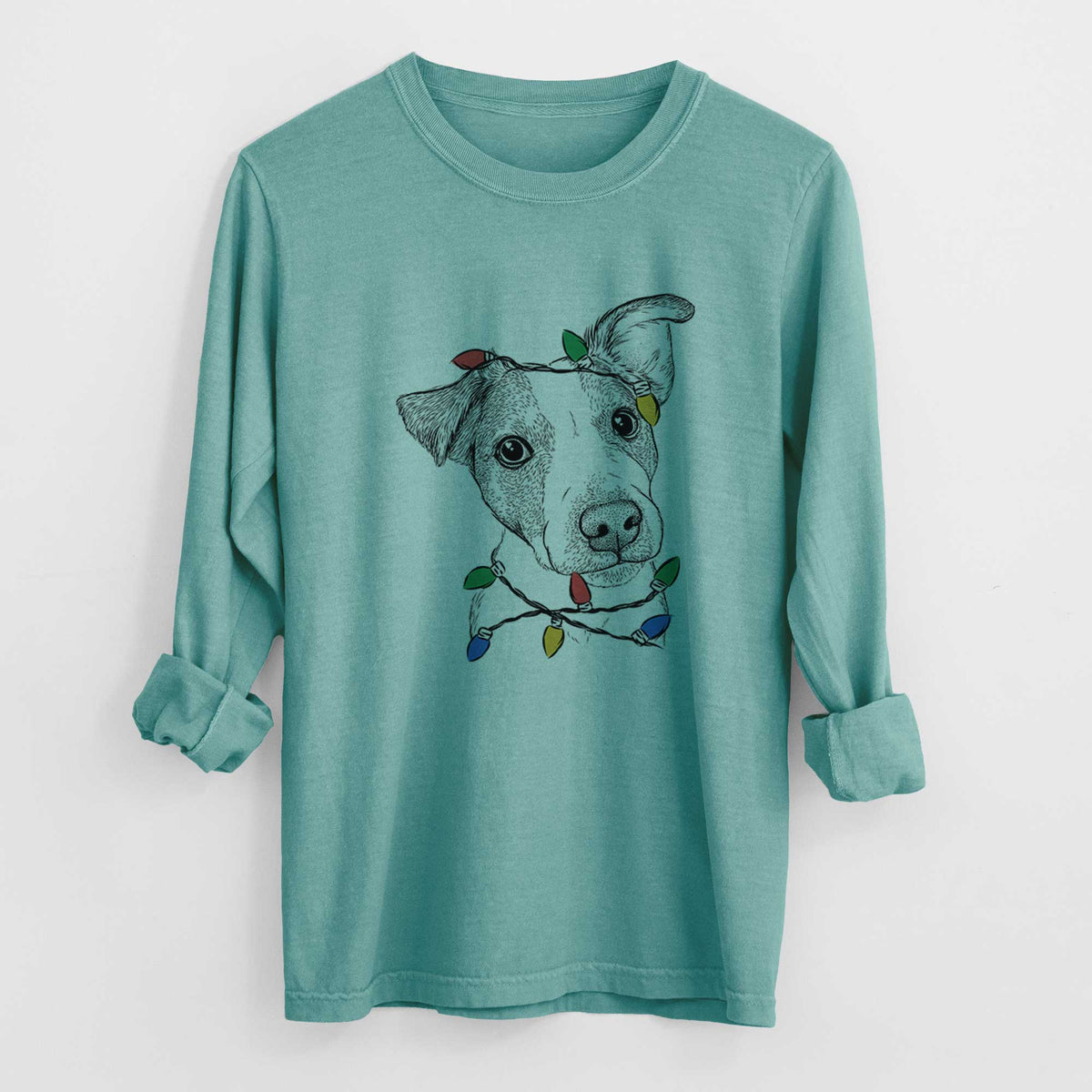 Christmas Lights Bosse the Jack Russell Terrier - Heavyweight 100% Cotton Long Sleeve