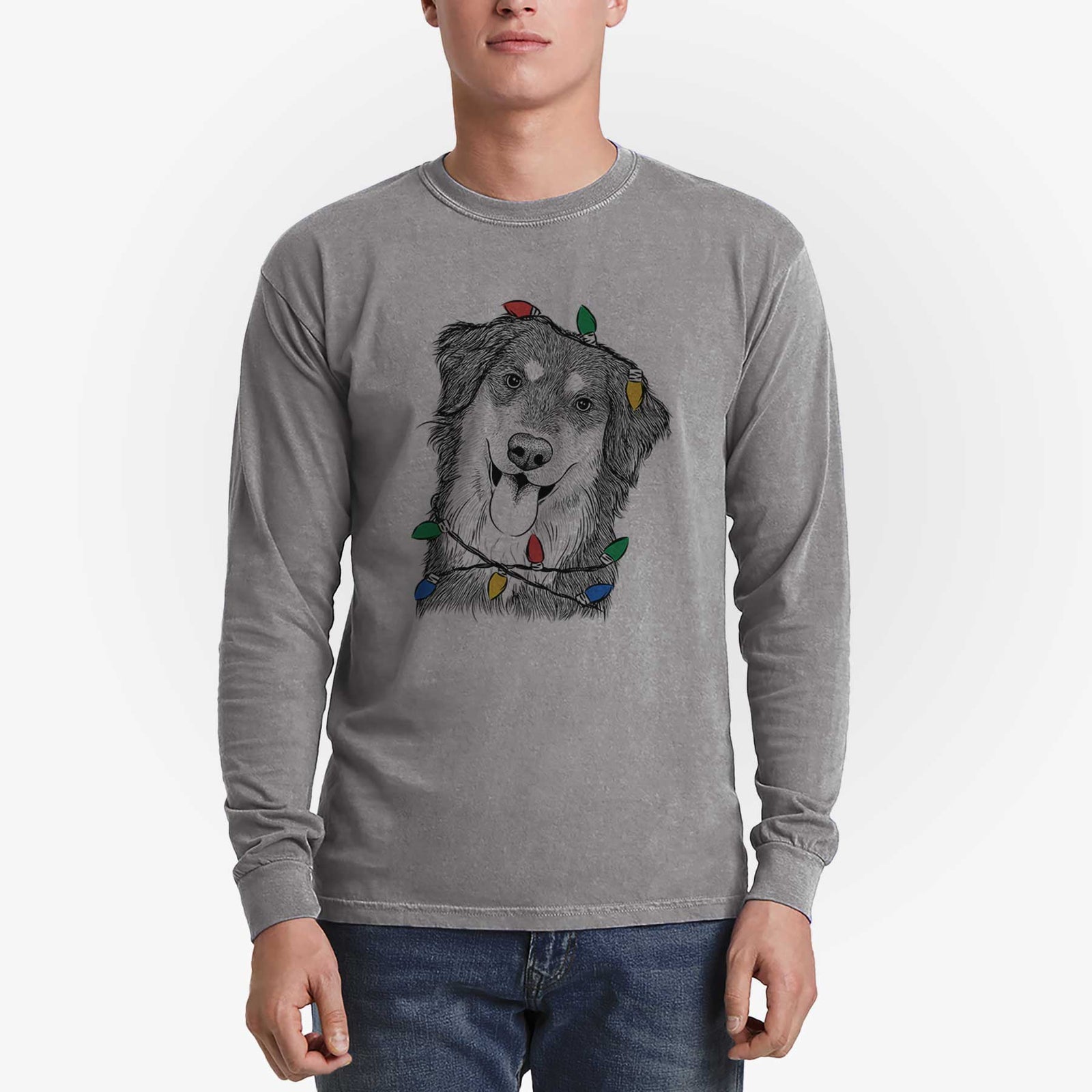 Christmas Lights Brodie the Golden Aussie - Heavyweight 100% Cotton Long Sleeve