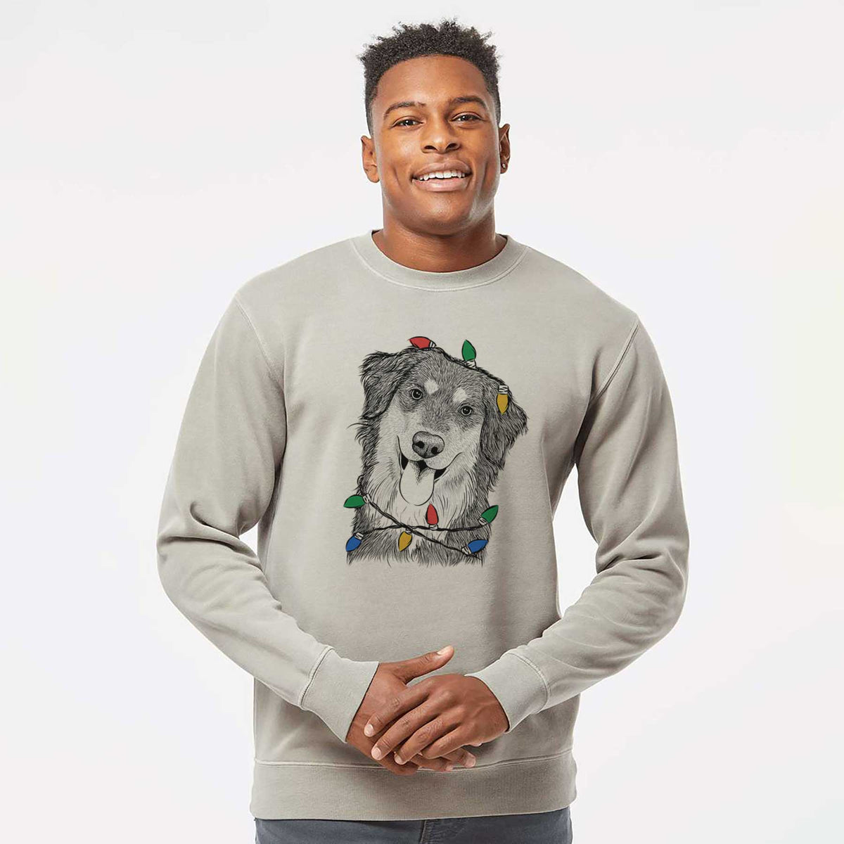 Christmas Lights Brodie the Golden Aussie - Unisex Pigment Dyed Crew Sweatshirt