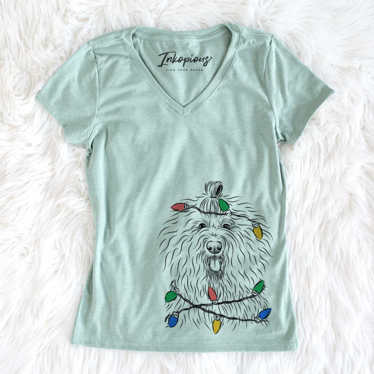 Christmas Lights Brody the Old English Sheepdog - Women's V-neck Shirt