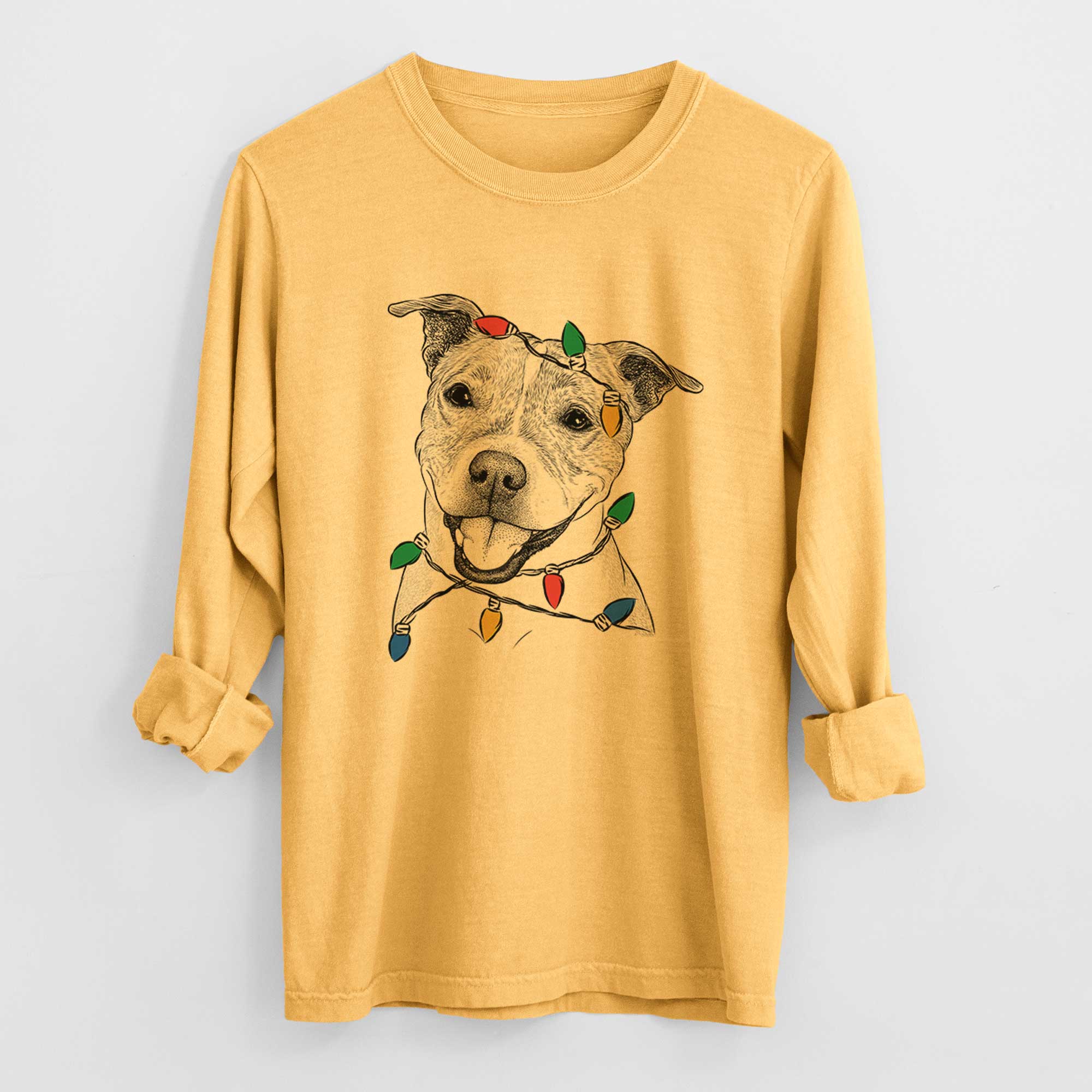Christmas Lights BrookLyn the Staffordshire Bull Terrier - Heavyweight 100% Cotton Long Sleeve