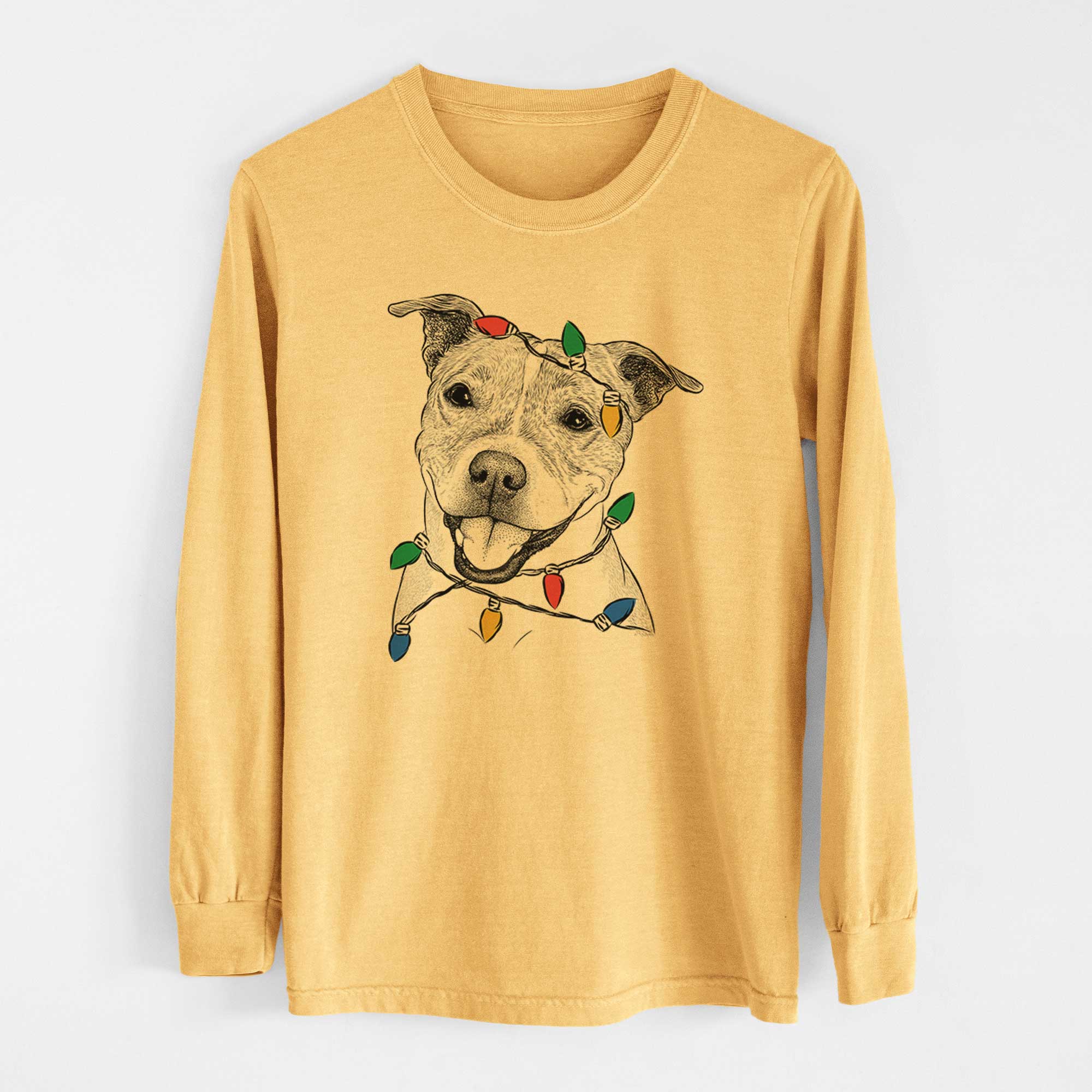 Christmas Lights BrookLyn the Staffordshire Bull Terrier - Heavyweight 100% Cotton Long Sleeve