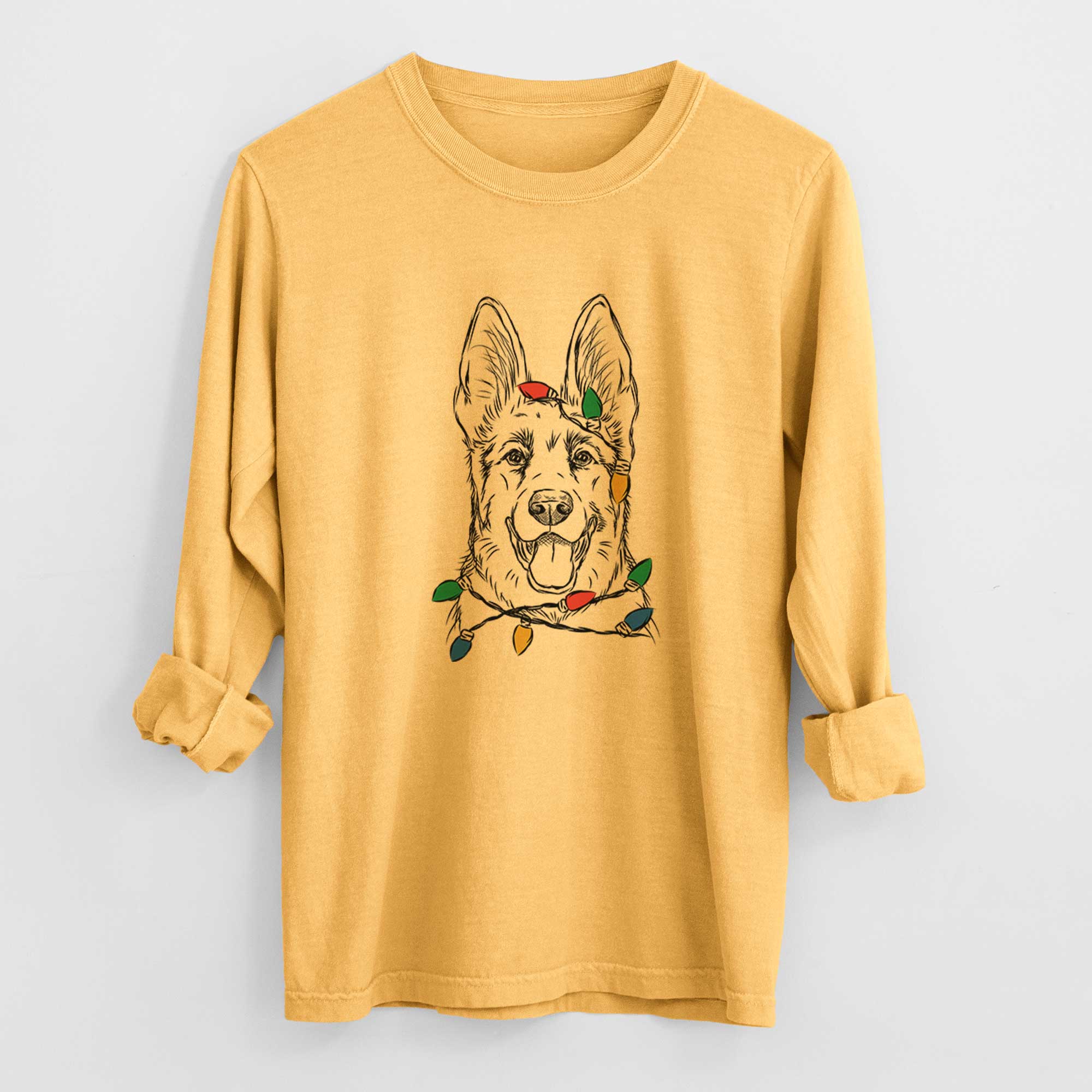 Christmas Lights Brutus the German Shepherd - Heavyweight 100% Cotton Long Sleeve