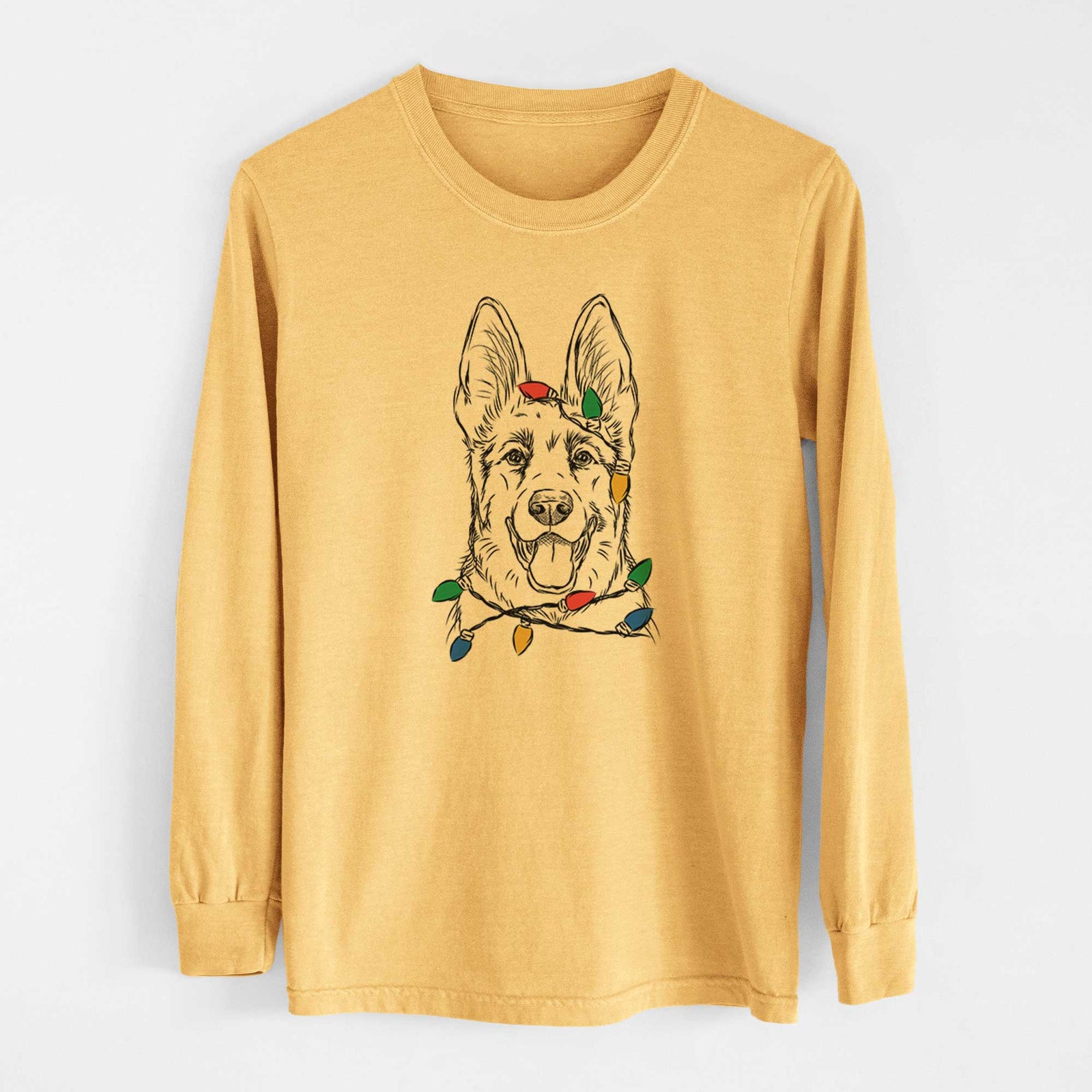 Christmas Lights Brutus the German Shepherd - Heavyweight 100% Cotton Long Sleeve