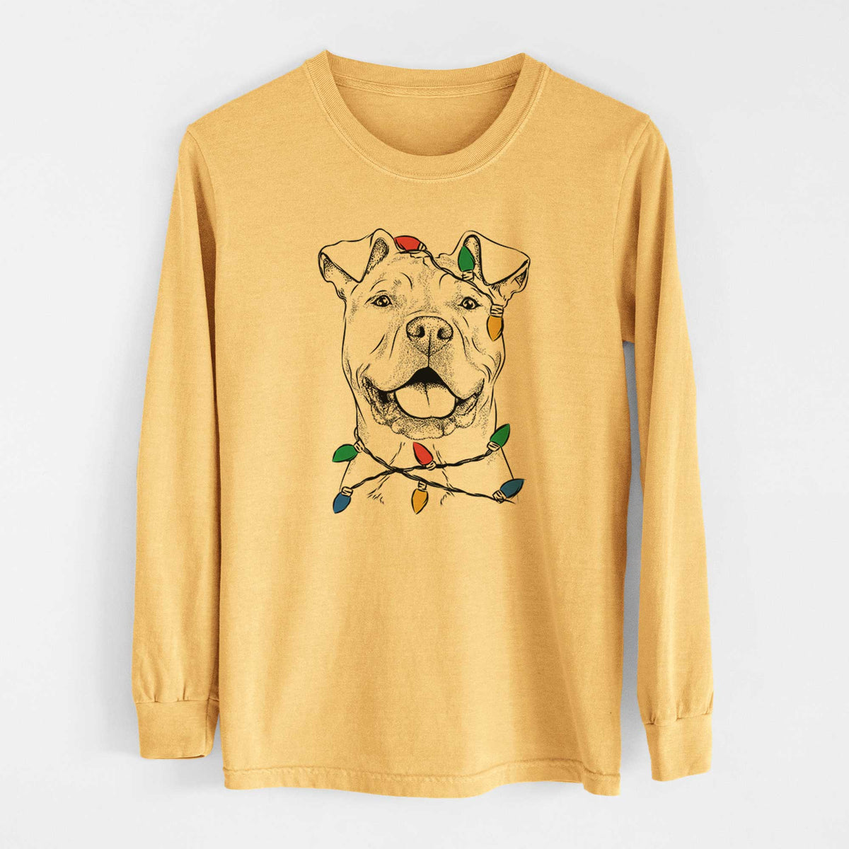 Christmas Lights Bubba Scraps the American Staffordshire Mix - Heavyweight 100% Cotton Long Sleeve