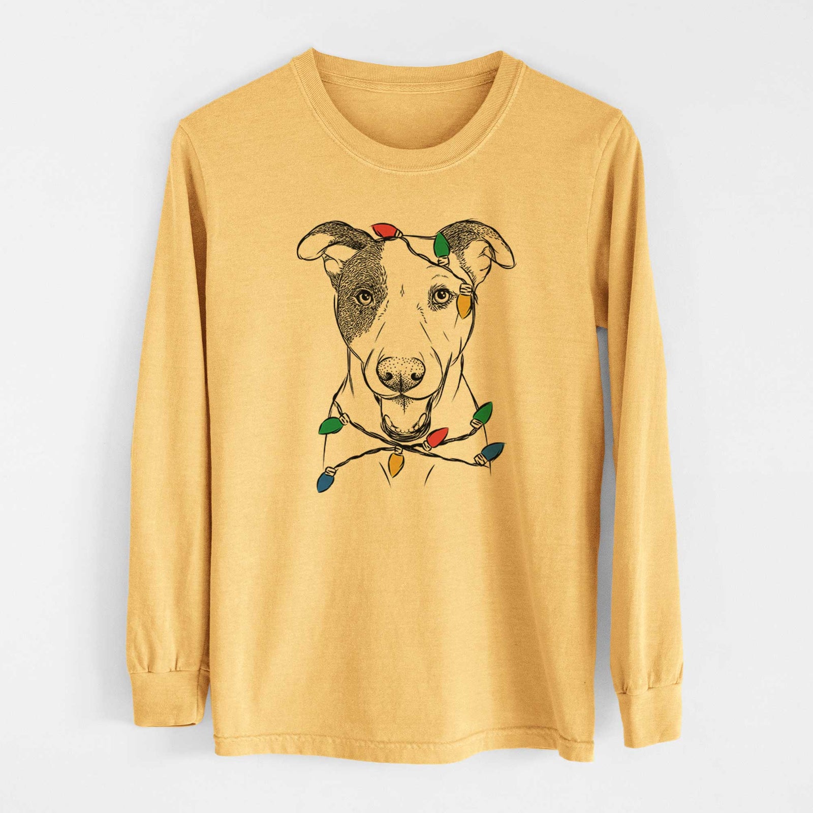 Christmas Lights Bucky the Mixed Breed - Heavyweight 100% Cotton Long Sleeve