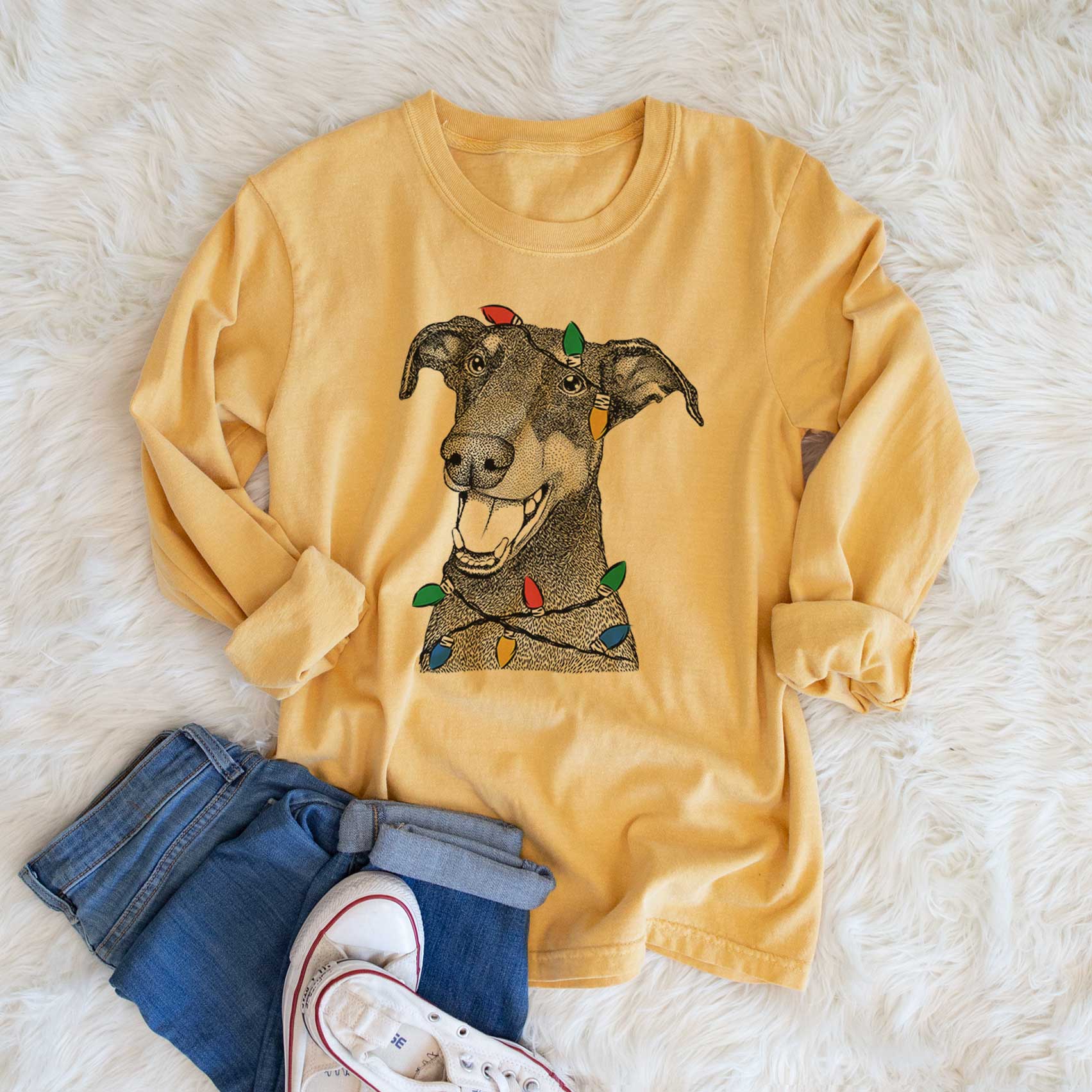 Christmas Lights Bunnie the Doberman Pinscher - Heavyweight 100% Cotton Long Sleeve