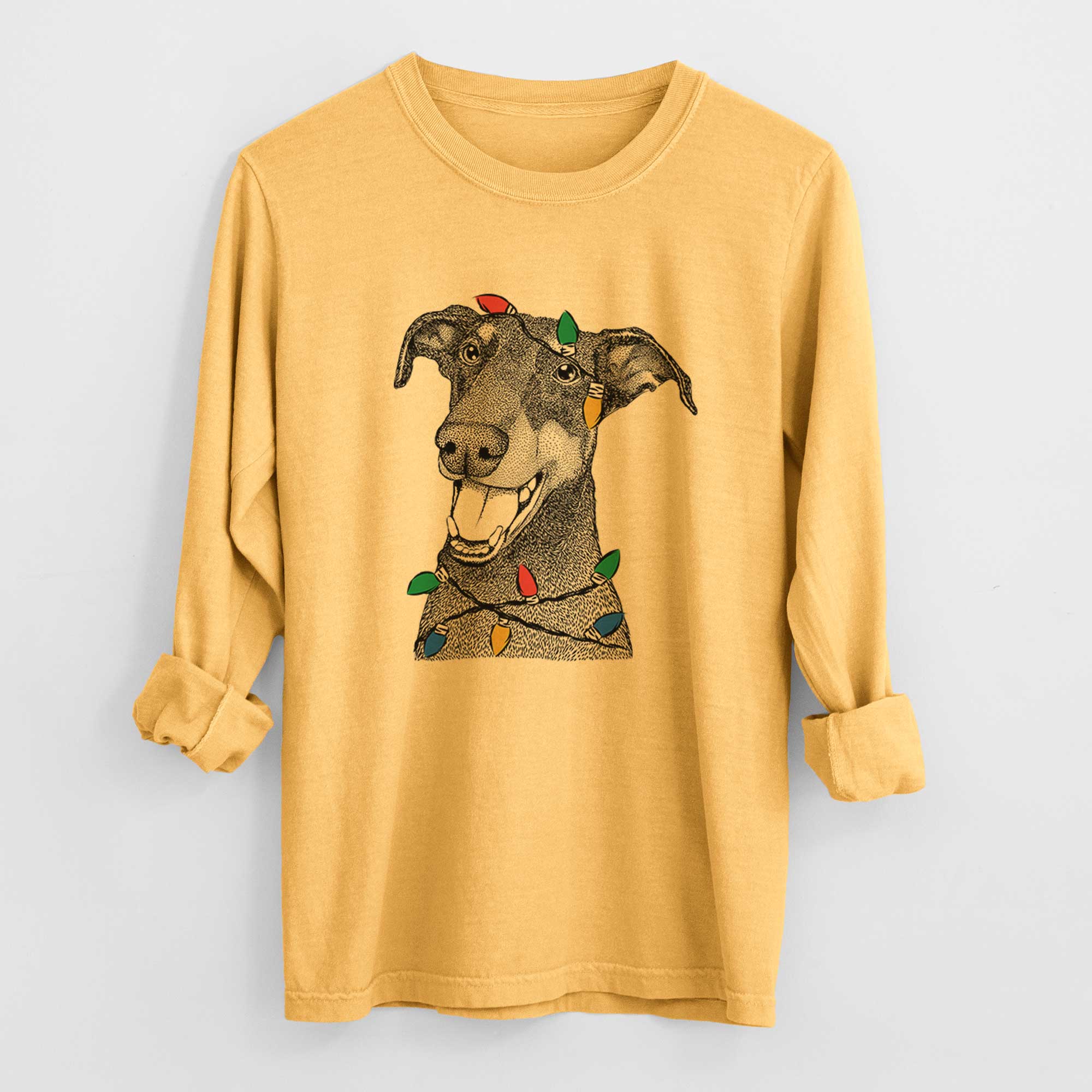 Christmas Lights Bunnie the Doberman Pinscher - Heavyweight 100% Cotton Long Sleeve