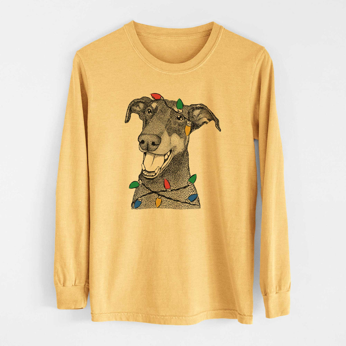 Christmas Lights Bunnie the Doberman Pinscher - Heavyweight 100% Cotton Long Sleeve