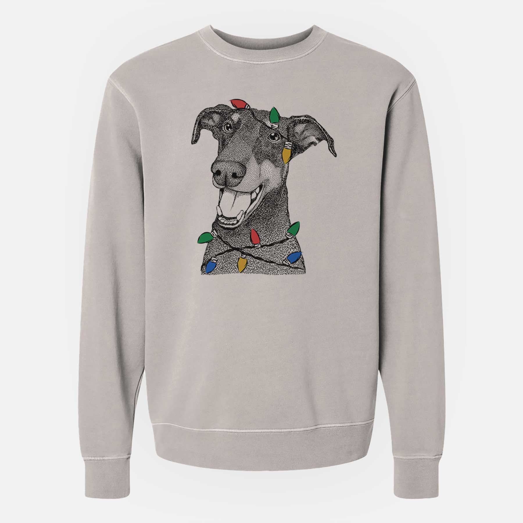 Christmas Lights Bunnie the Doberman Pinscher - Unisex Pigment Dyed Crew Sweatshirt