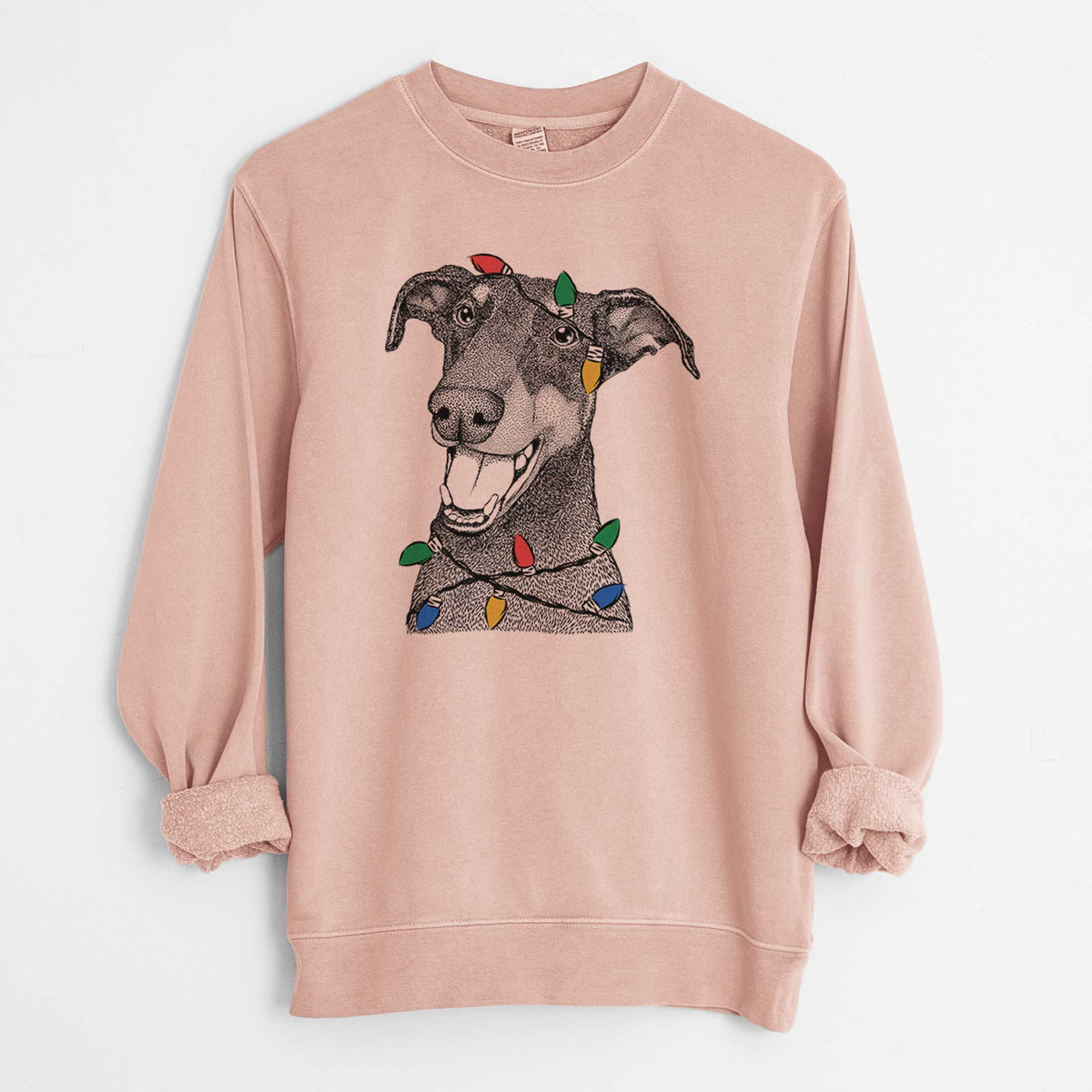 Christmas Lights Bunnie the Doberman Pinscher - Unisex Pigment Dyed Crew Sweatshirt