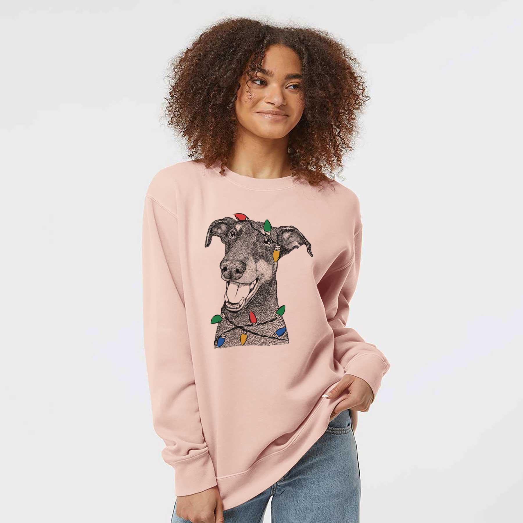 Christmas Lights Bunnie the Doberman Pinscher - Unisex Pigment Dyed Crew Sweatshirt