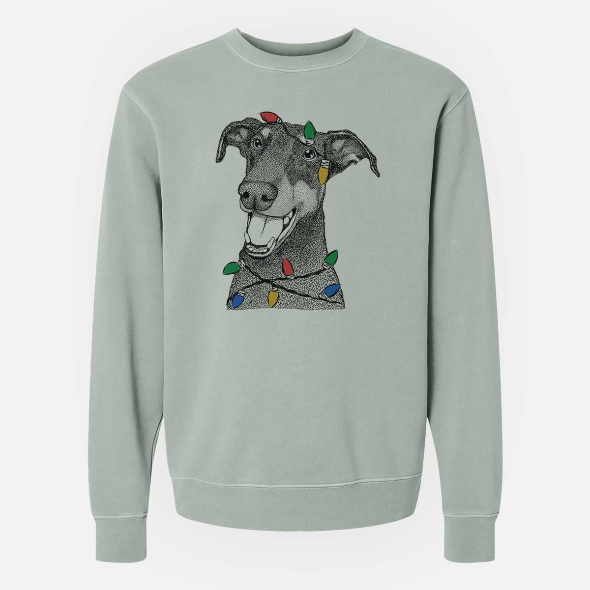 Christmas Lights Bunnie the Doberman Pinscher - Unisex Pigment Dyed Crew Sweatshirt