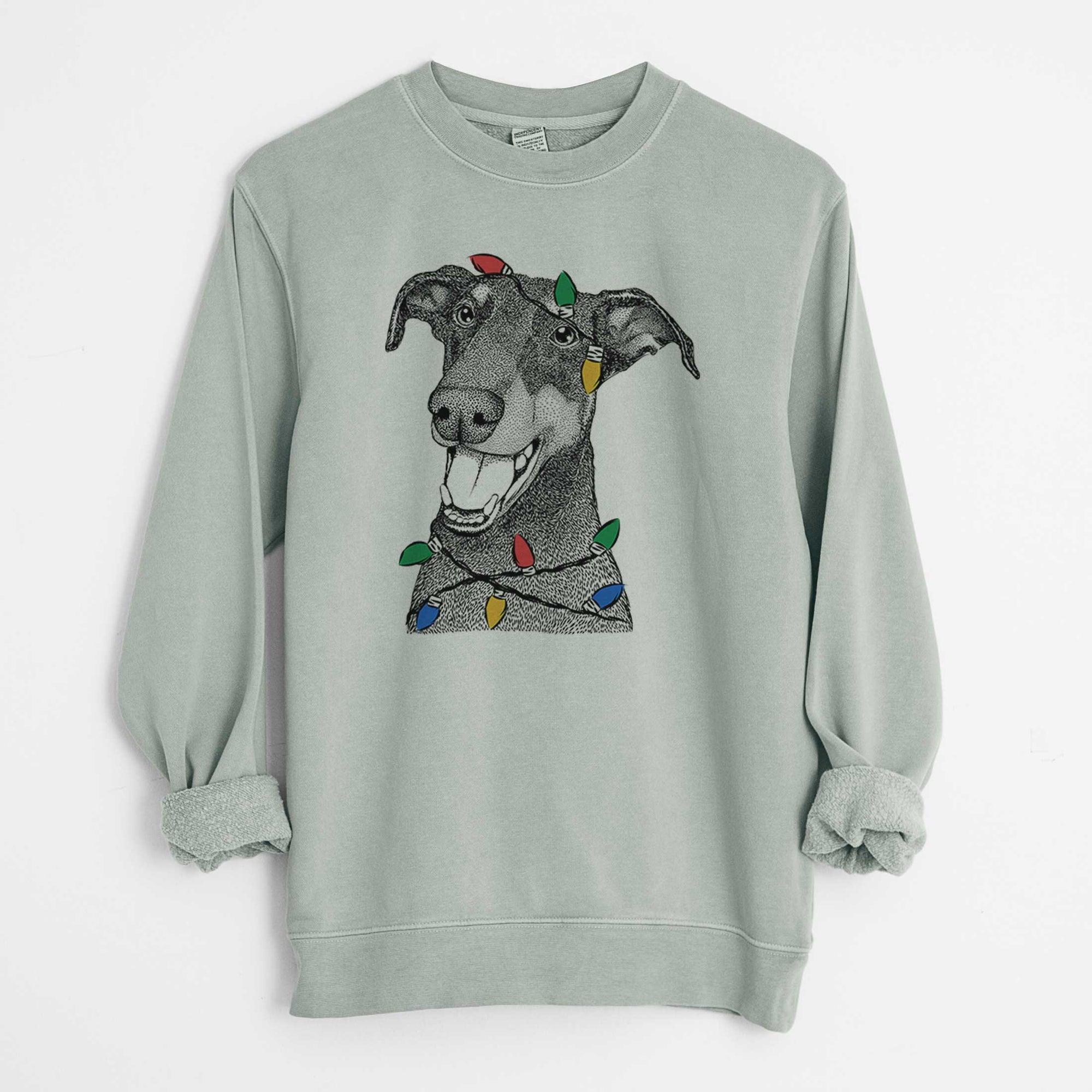 Christmas Lights Bunnie the Doberman Pinscher - Unisex Pigment Dyed Crew Sweatshirt