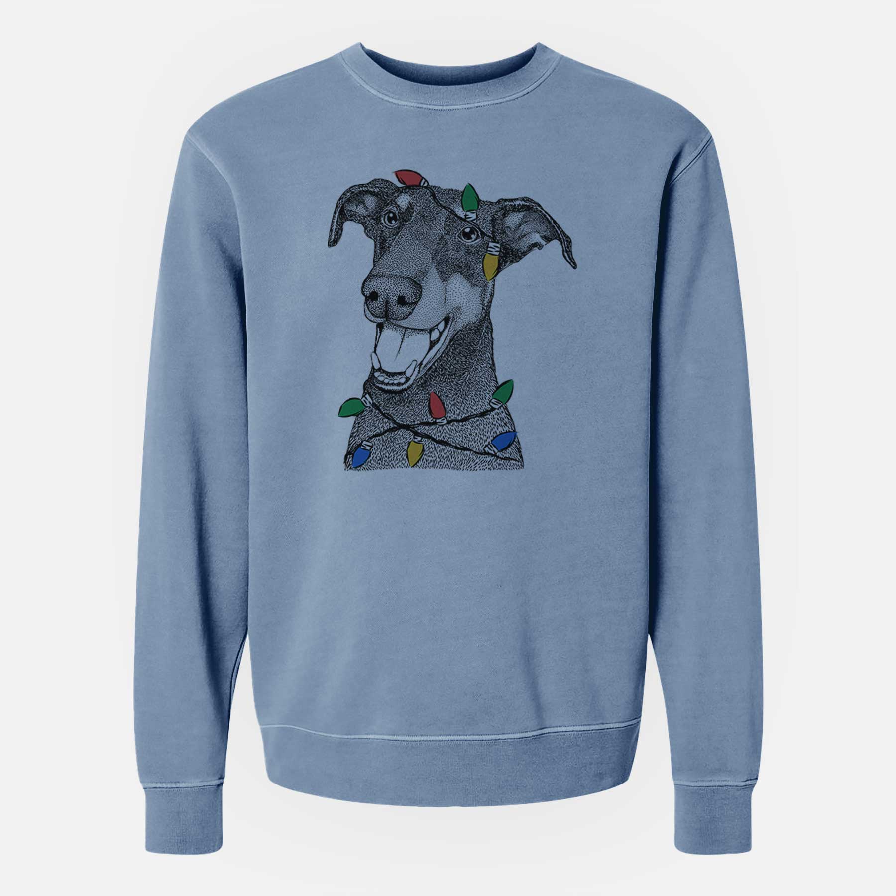 Christmas Lights Bunnie the Doberman Pinscher - Unisex Pigment Dyed Crew Sweatshirt