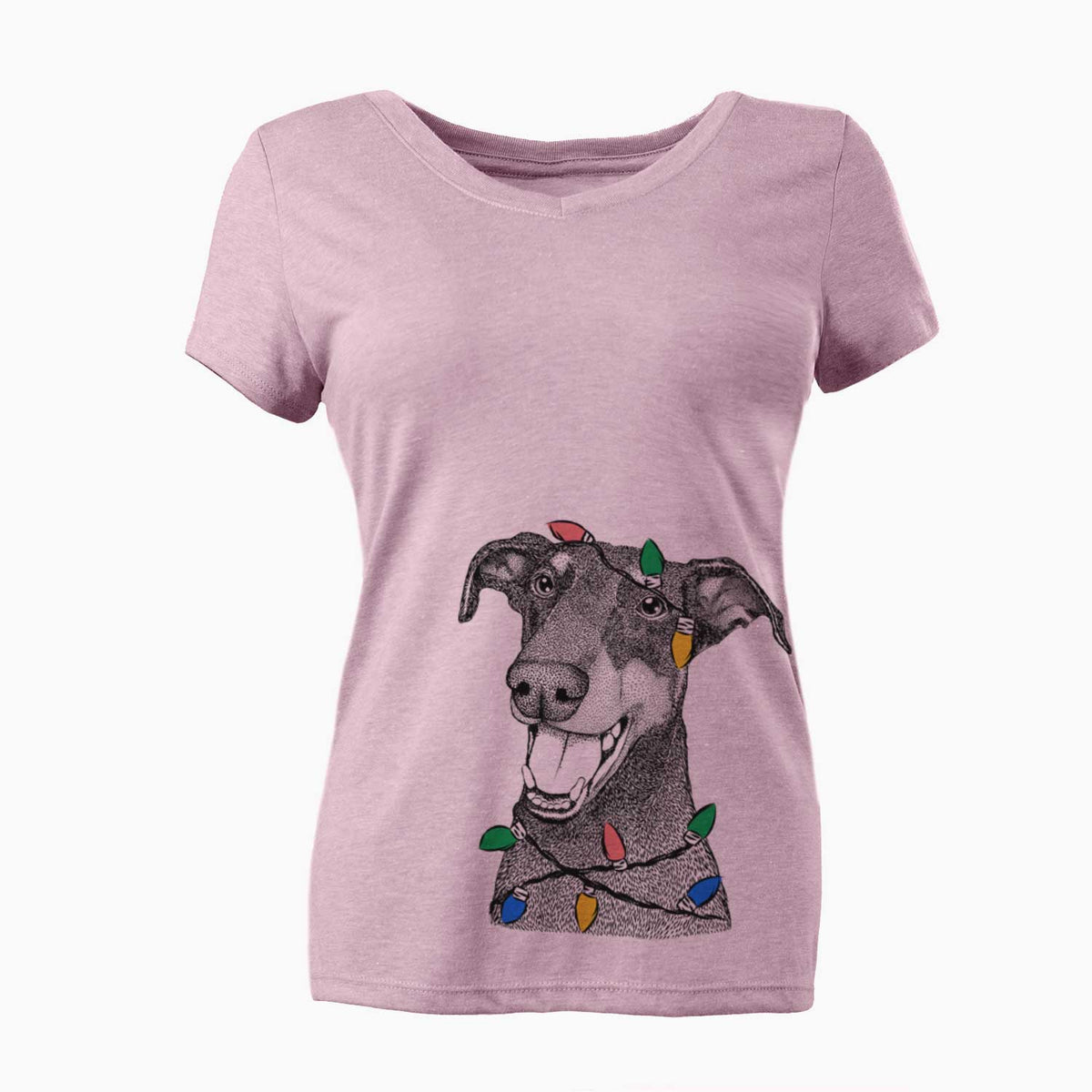 Christmas Lights Bunnie the Doberman Pinscher - Women's V-neck Shirt