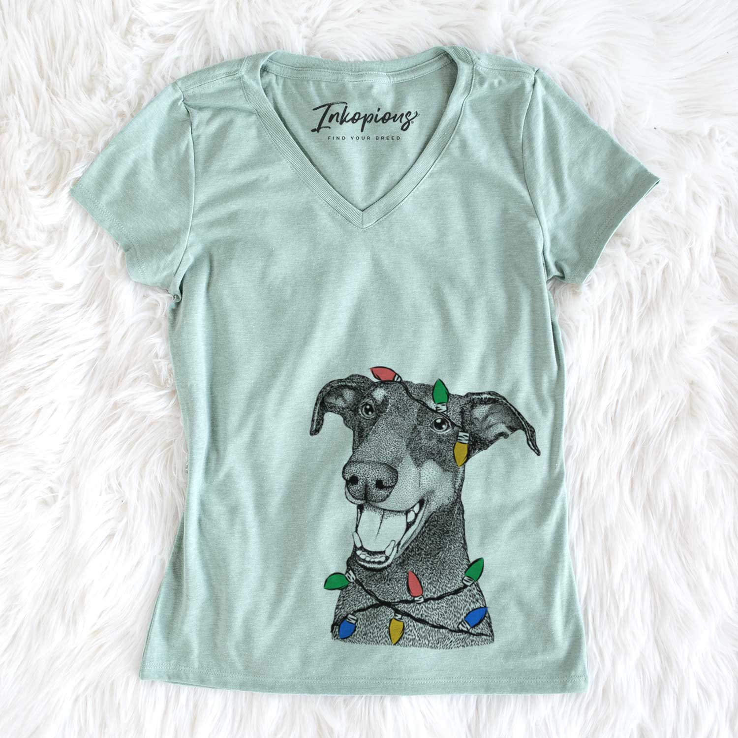 Christmas Lights Bunnie the Doberman Pinscher - Women's V-neck Shirt