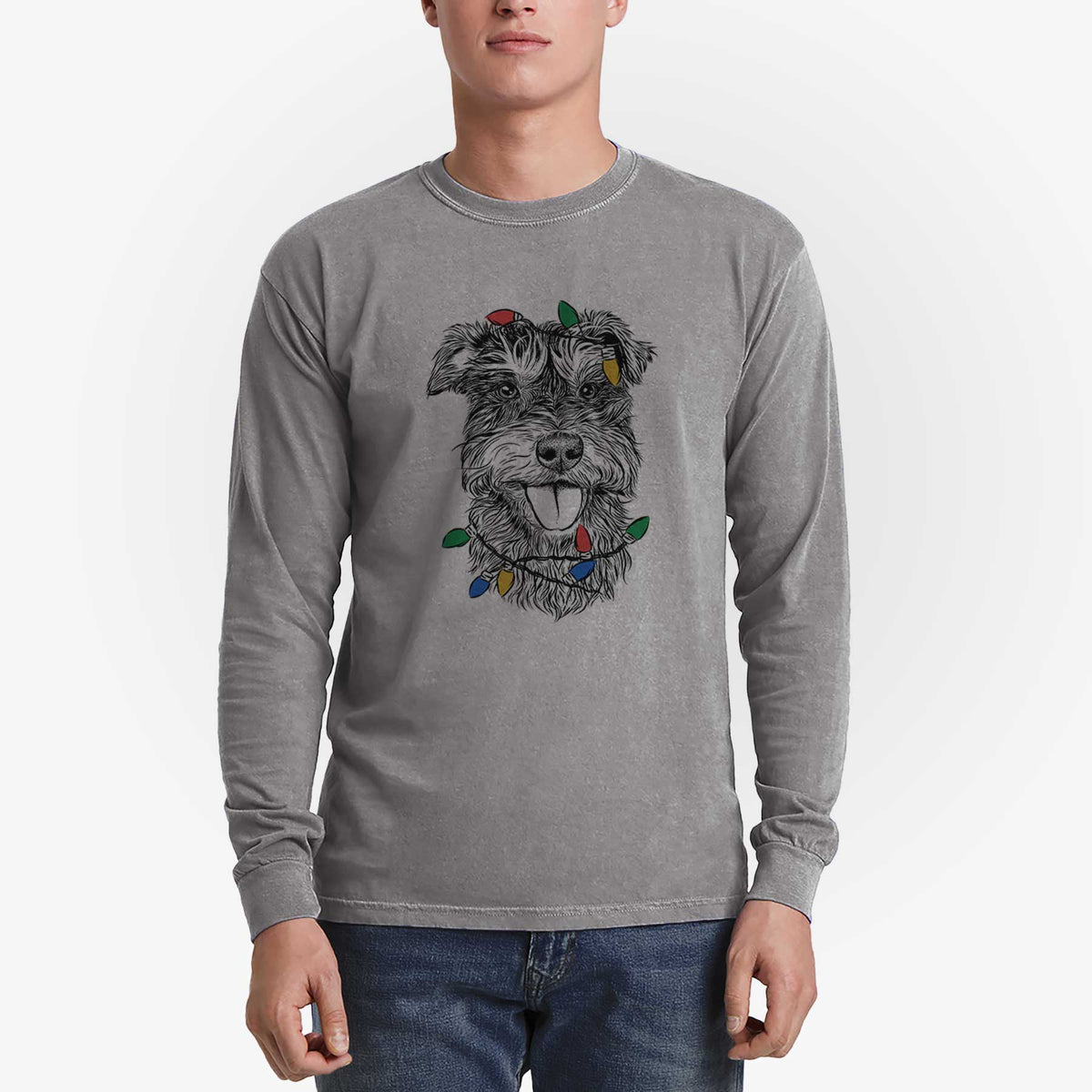 Christmas Lights Buster the Schnoodle - Heavyweight 100% Cotton Long Sleeve