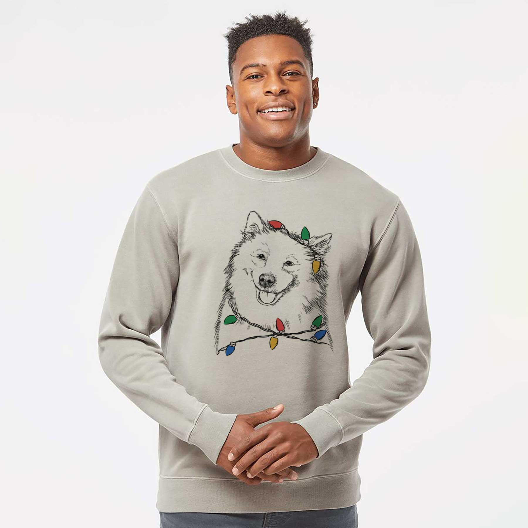 Christmas Lights Caico the Samoyed - Unisex Pigment Dyed Crew Sweatshirt