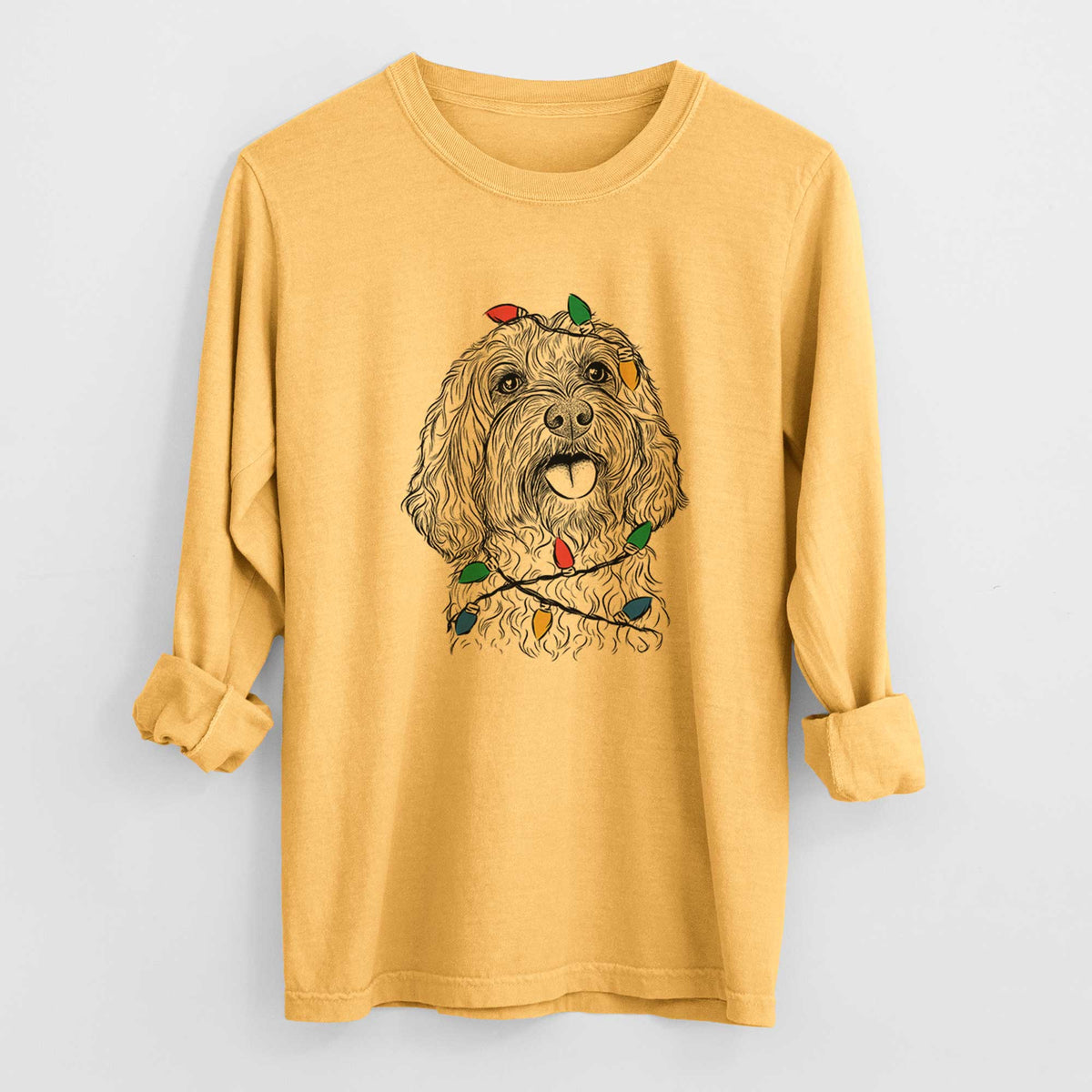 Christmas Lights Cali the Cavapoo - Heavyweight 100% Cotton Long Sleeve