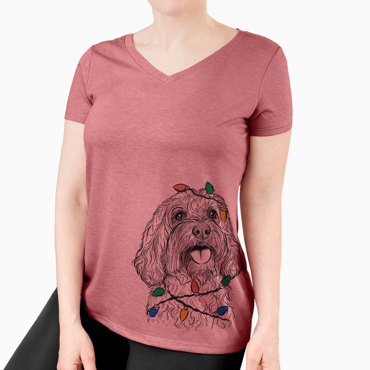 Christmas Lights Cali the Cavapoo - Women's V-neck Shirt