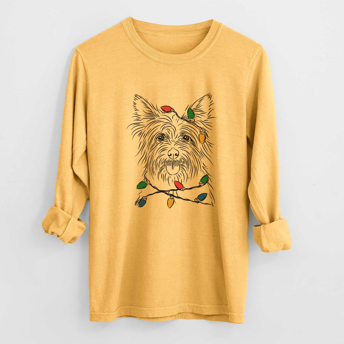 Christmas Lights Calum the Cairn Terrier - Heavyweight 100% Cotton Long Sleeve