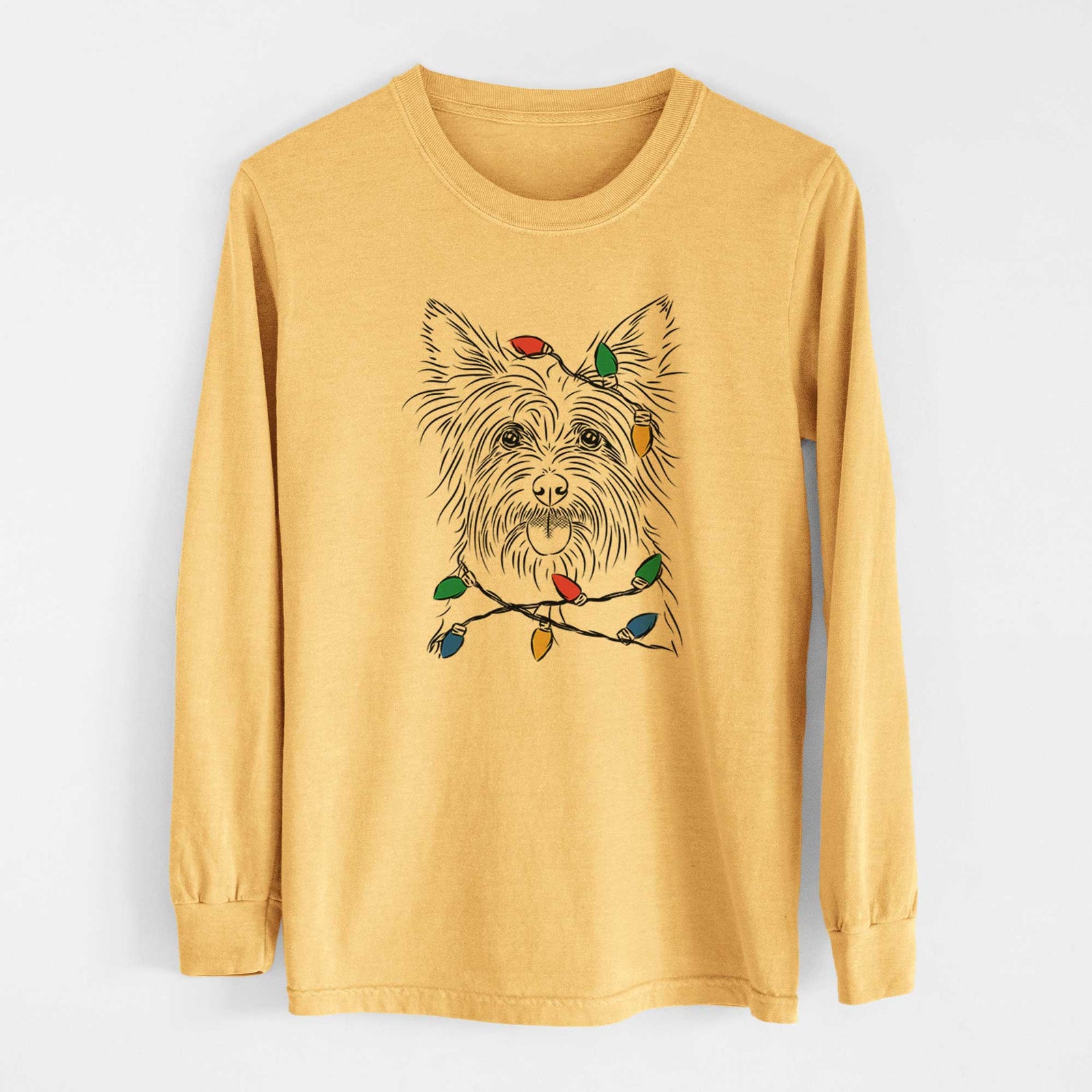 Christmas Lights Calum the Cairn Terrier - Heavyweight 100% Cotton Long Sleeve