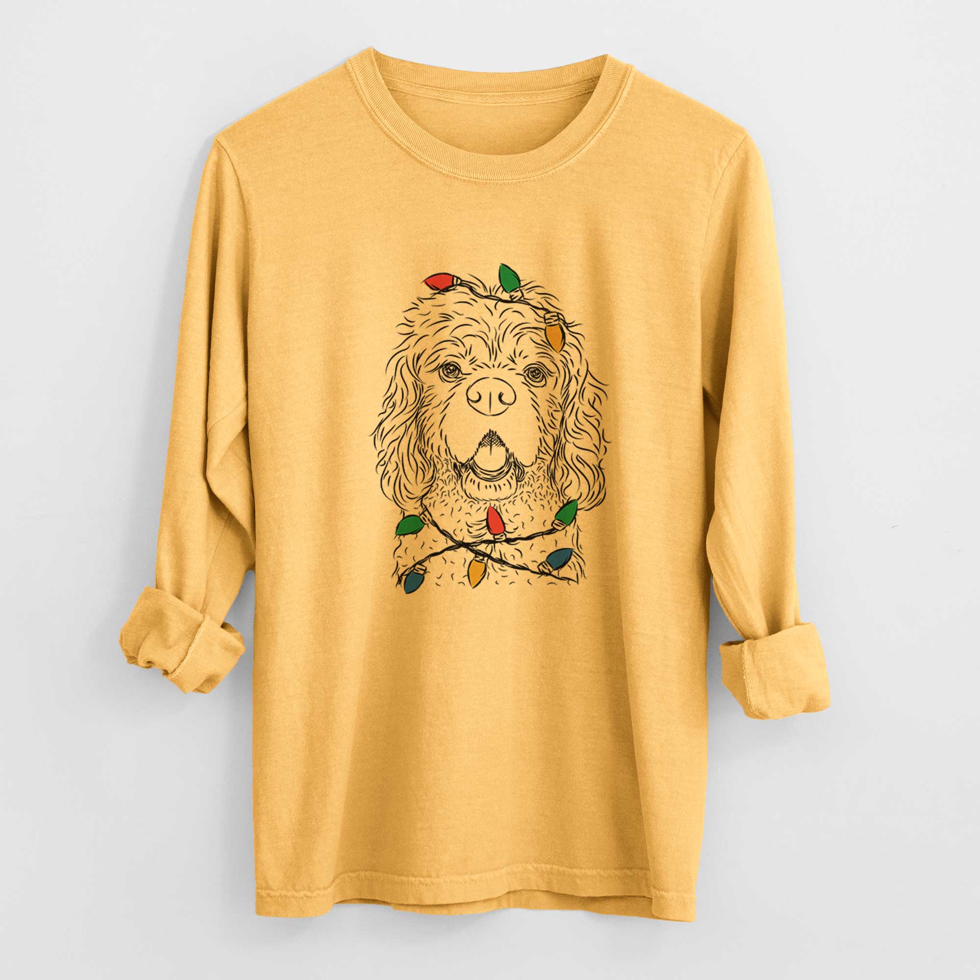 Christmas Lights Casey the American Cocker Spaniel - Heavyweight 100% Cotton Long Sleeve