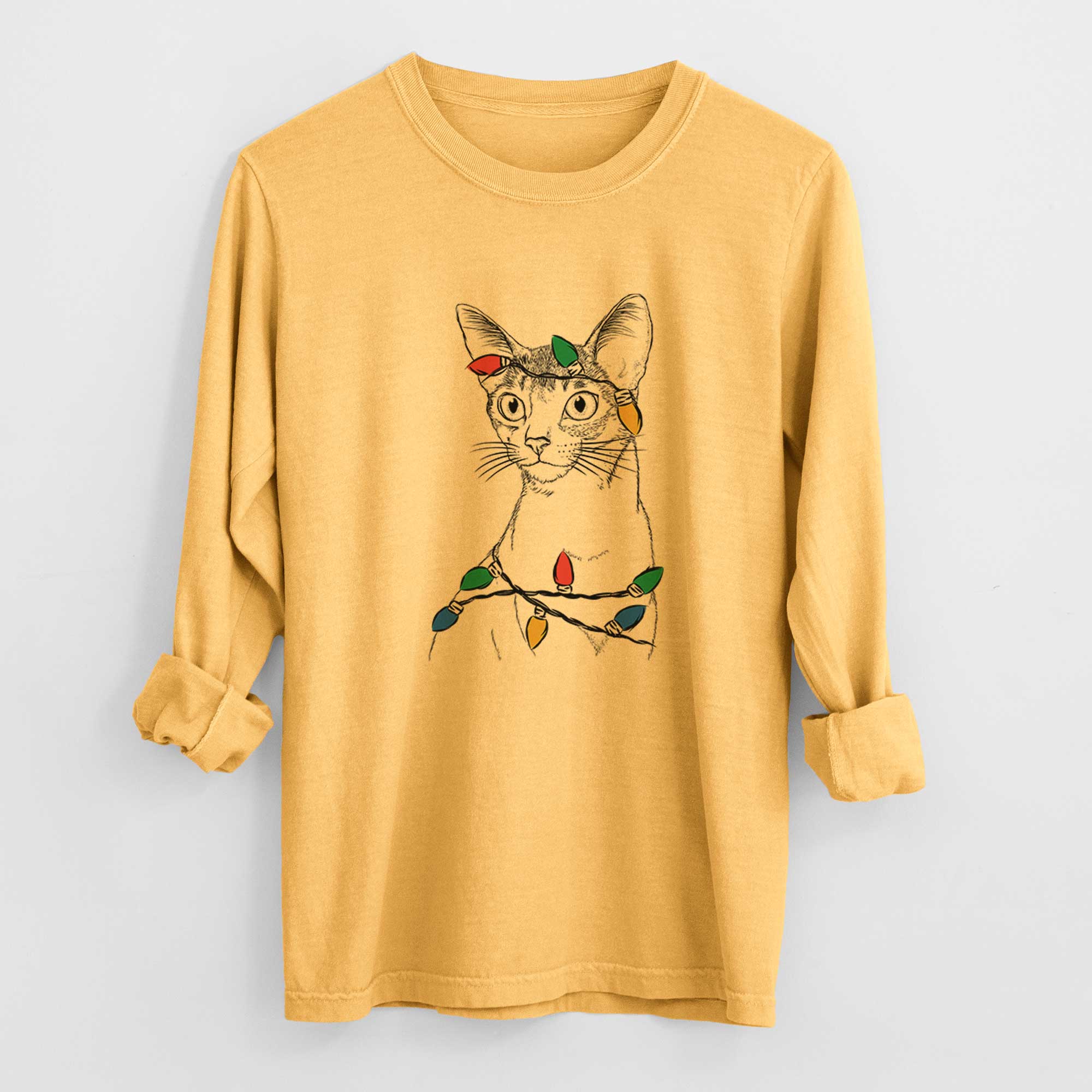 Christmas Lights Cedric the Abyssinian Cat - Heavyweight 100% Cotton Long Sleeve