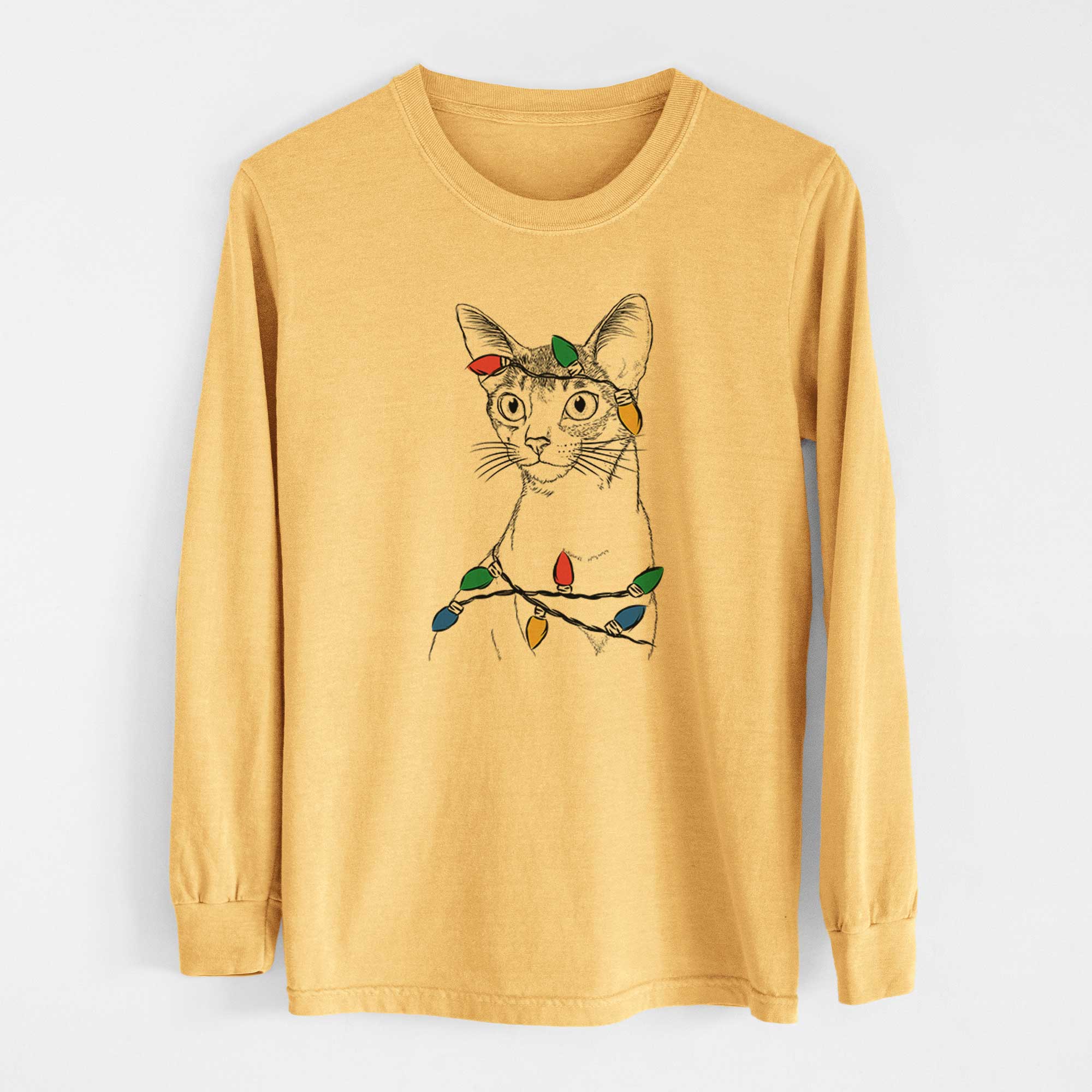 Christmas Lights Cedric the Abyssinian Cat - Heavyweight 100% Cotton Long Sleeve