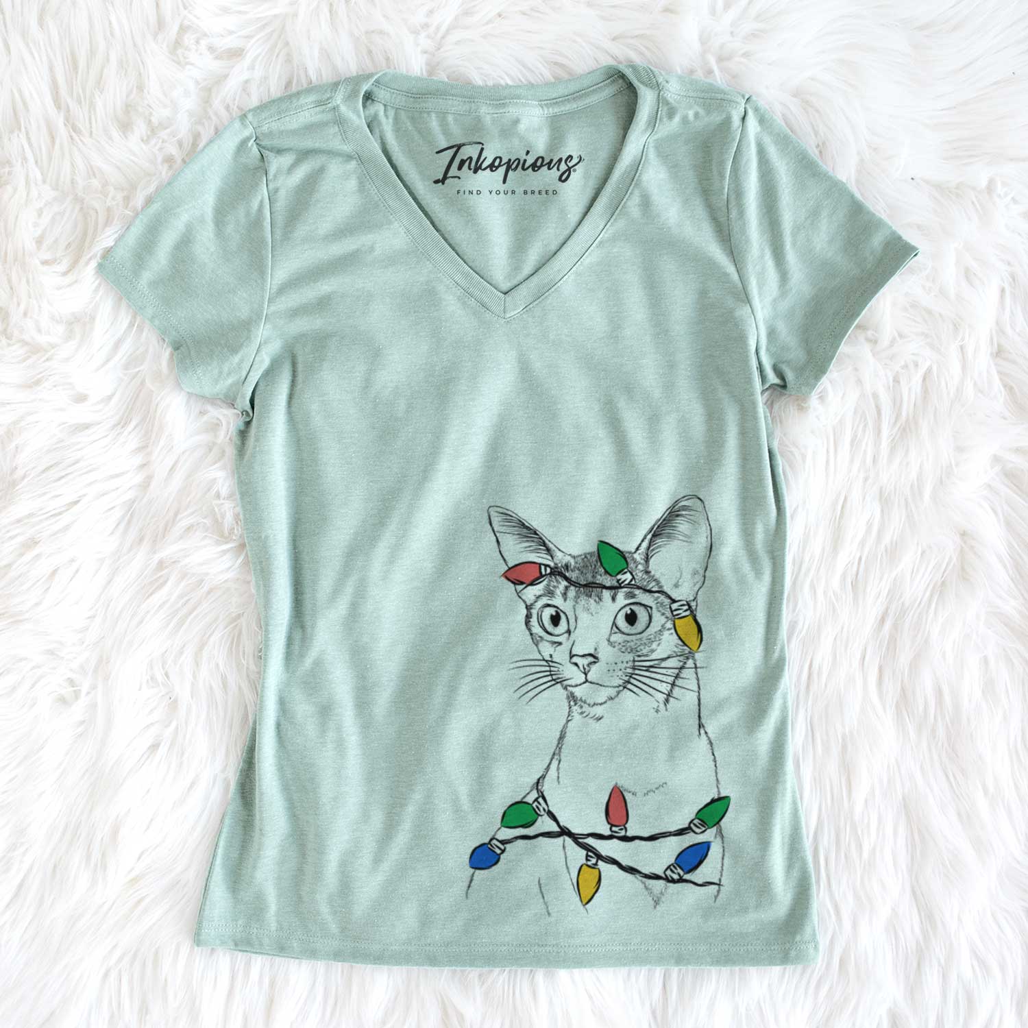 Christmas Lights Cedric the Abyssinian Cat - Women's V-neck Shirt