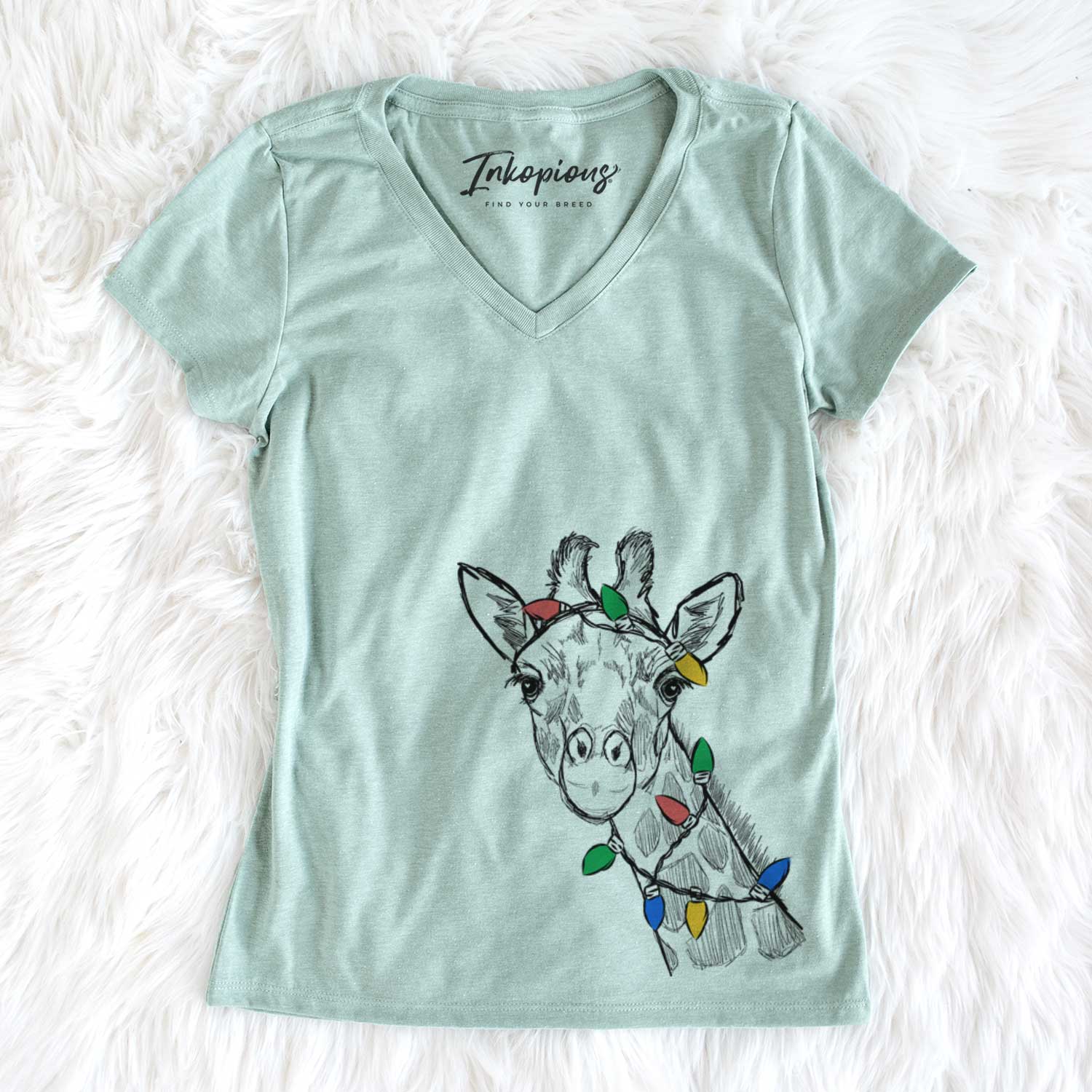 Christmas Lights Cedrick the Giraffe - Women's V-neck Shirt