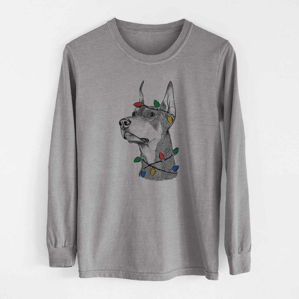 Christmas Lights Cenza the Doberman Pinscher - Heavyweight 100% Cotton Long Sleeve