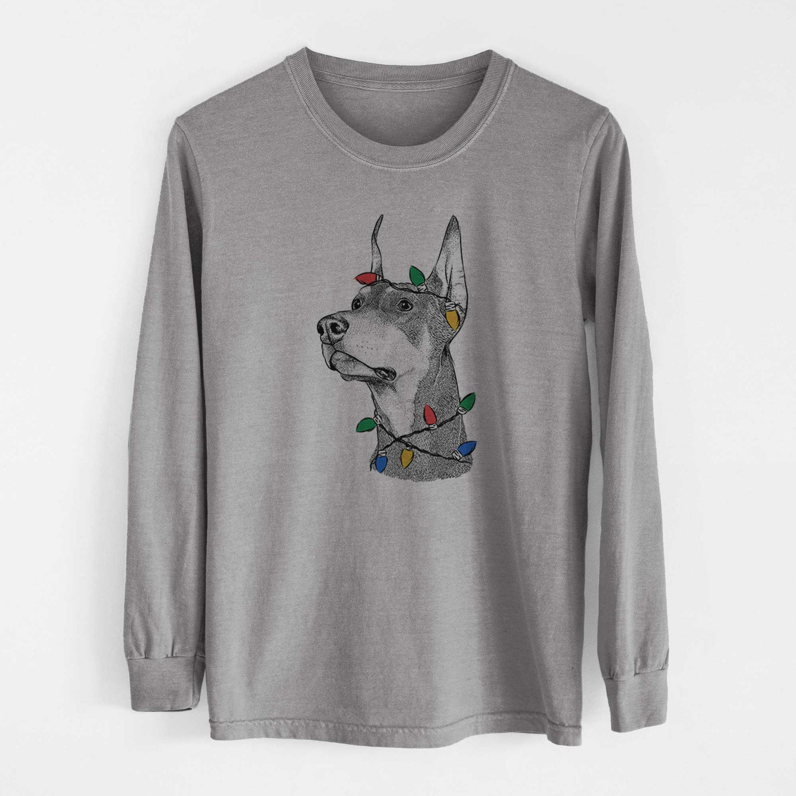 Christmas Lights Cenza the Doberman Pinscher - Heavyweight 100% Cotton Long Sleeve