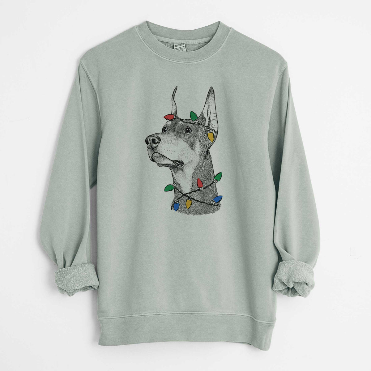 Christmas Lights Cenza the Doberman Pinscher - Unisex Pigment Dyed Crew Sweatshirt