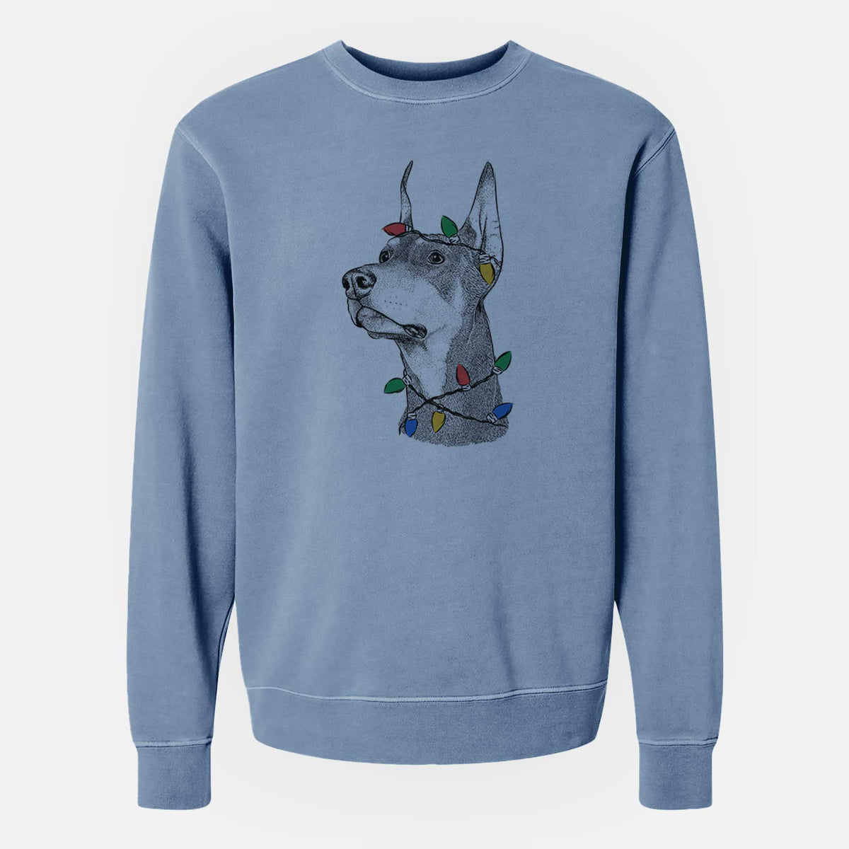 Christmas Lights Cenza the Doberman Pinscher - Unisex Pigment Dyed Crew Sweatshirt