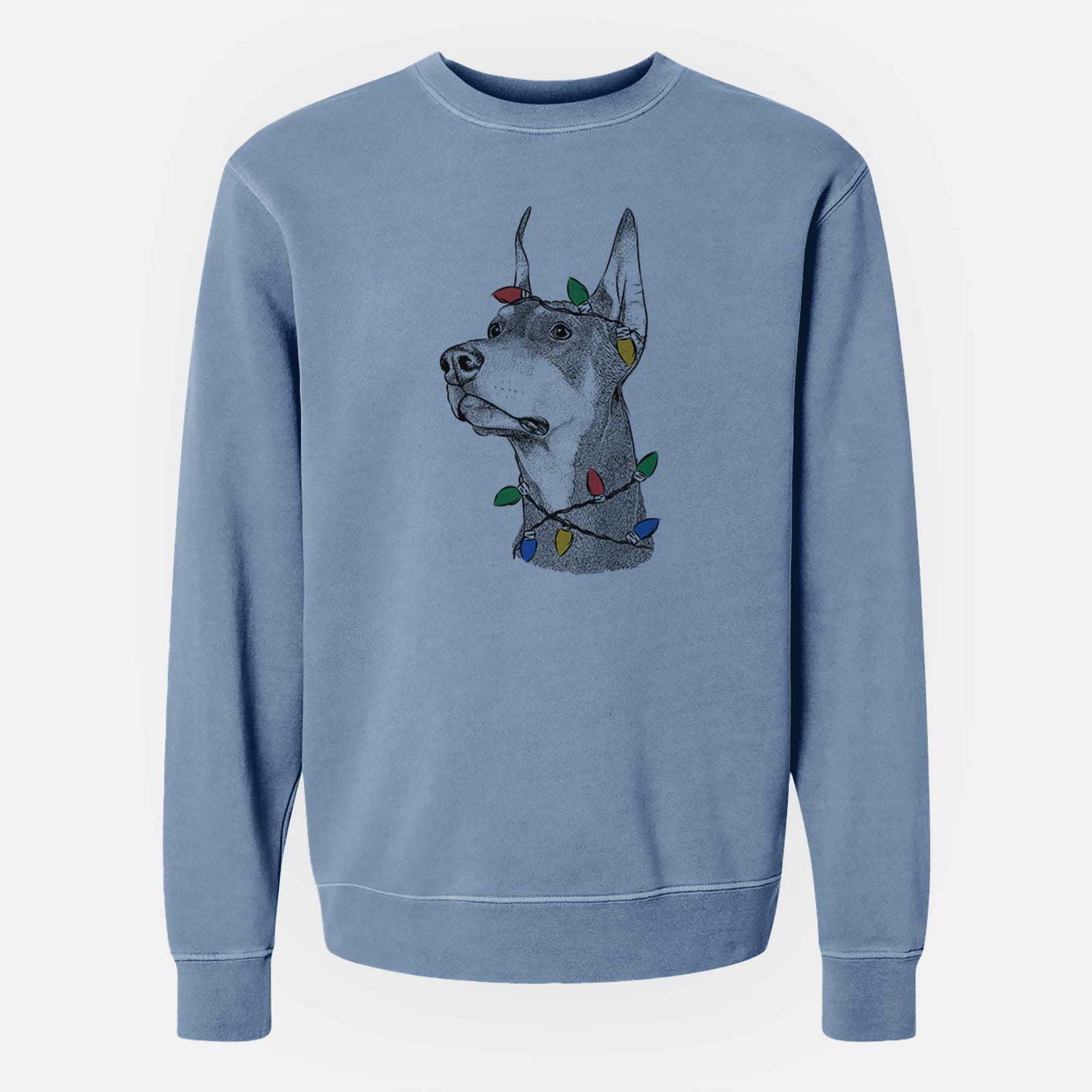 Christmas Lights Cenza the Doberman Pinscher - Unisex Pigment Dyed Crew Sweatshirt