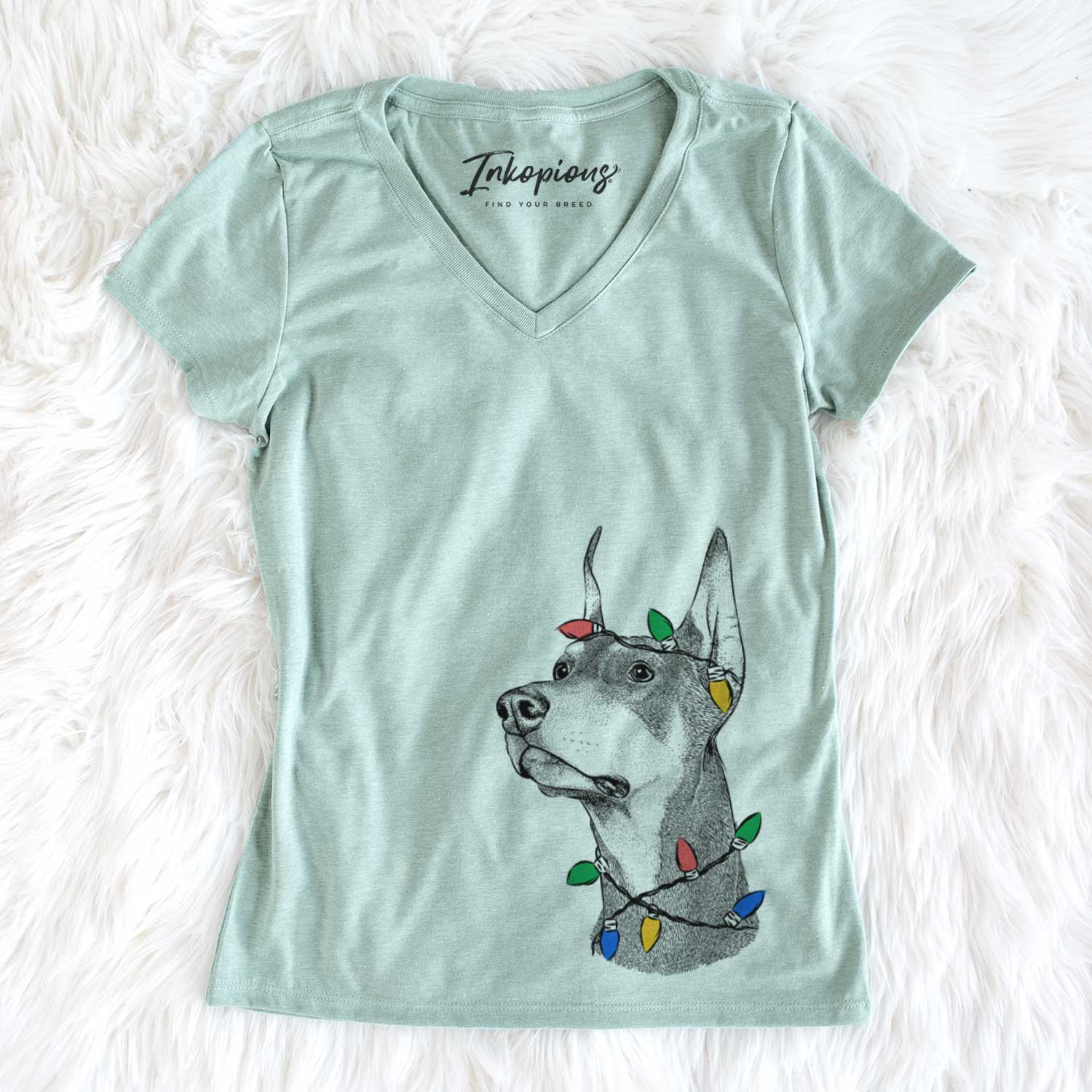 Christmas Lights Cenza the Doberman Pinscher - Women's V-neck Shirt