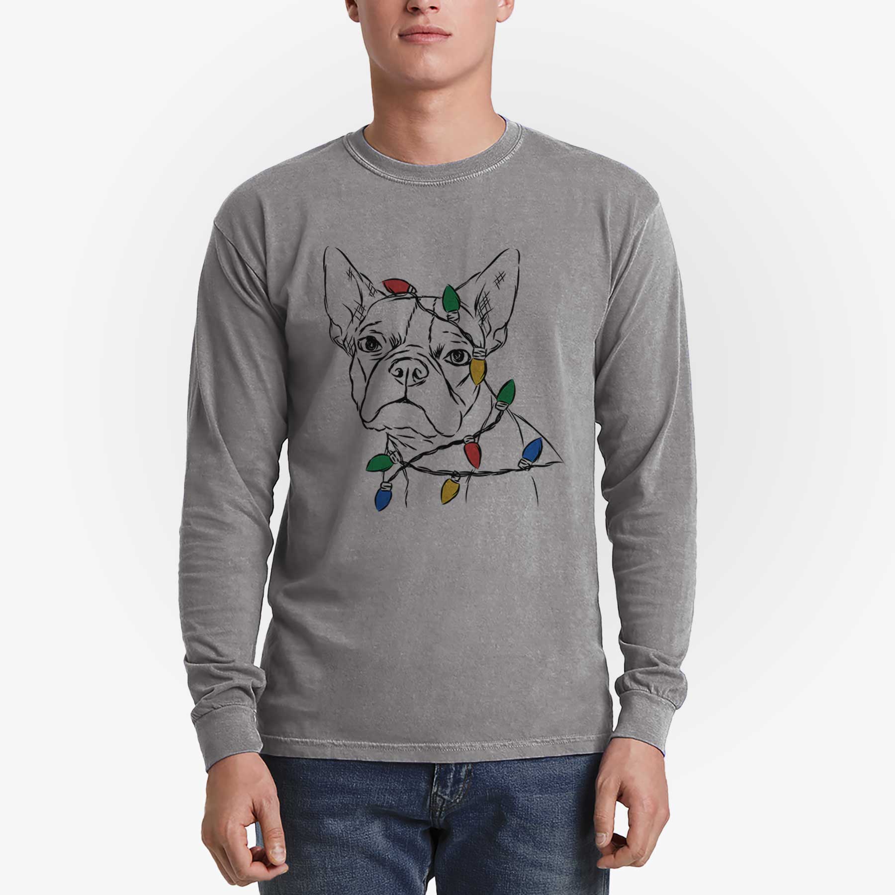 Christmas Lights Charles the Boston Terrier - Heavyweight 100% Cotton Long Sleeve