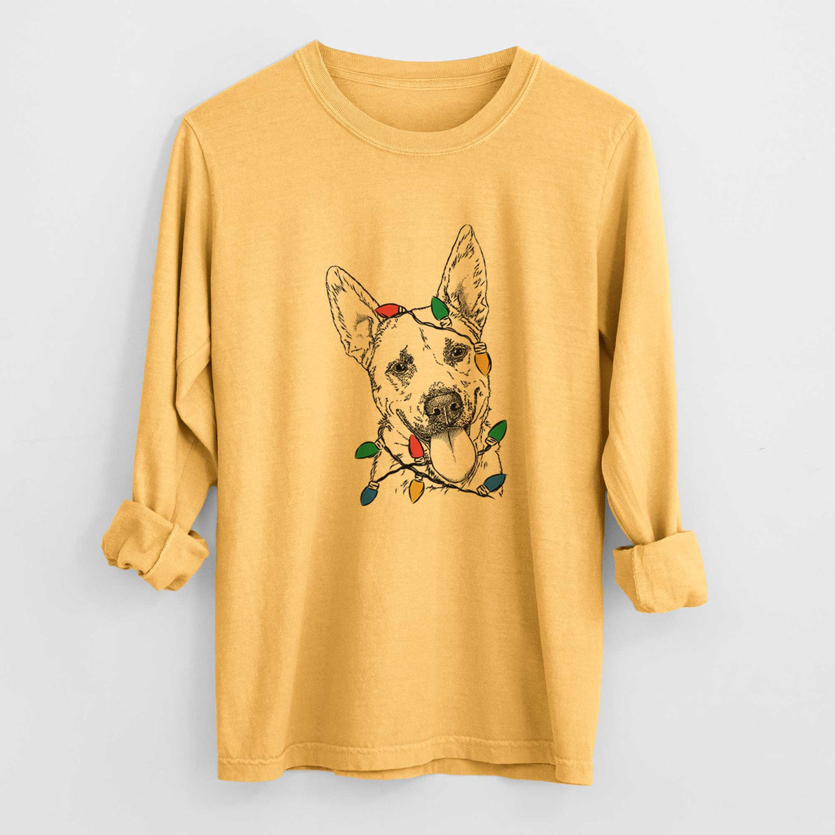 Christmas Lights Charlie the Mixed Breed - Heavyweight 100% Cotton Long Sleeve