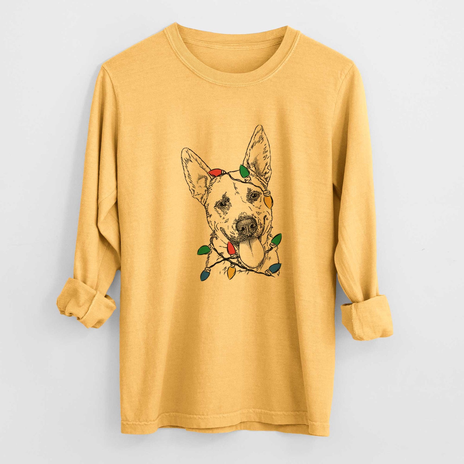 Christmas Lights Charlie the Mixed Breed - Heavyweight 100% Cotton Long Sleeve