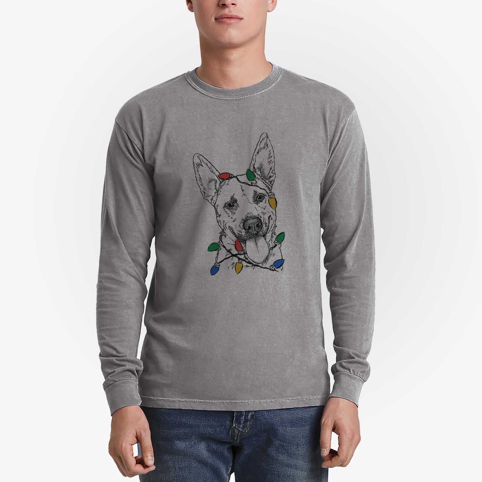 Christmas Lights Charlie the Mixed Breed - Heavyweight 100% Cotton Long Sleeve
