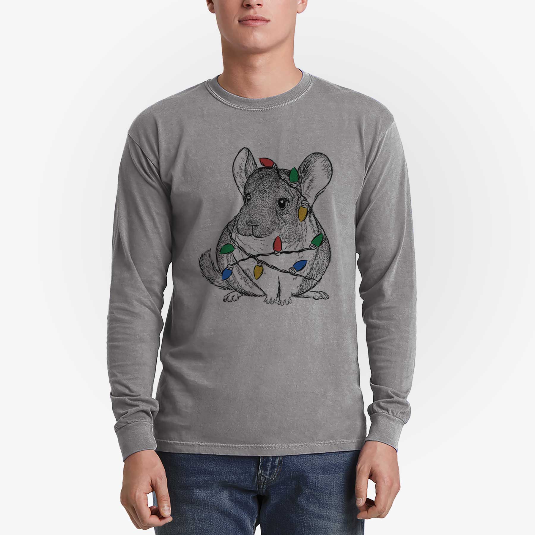 Christmas Lights Cheddar the Chinchilla - Heavyweight 100% Cotton Long Sleeve