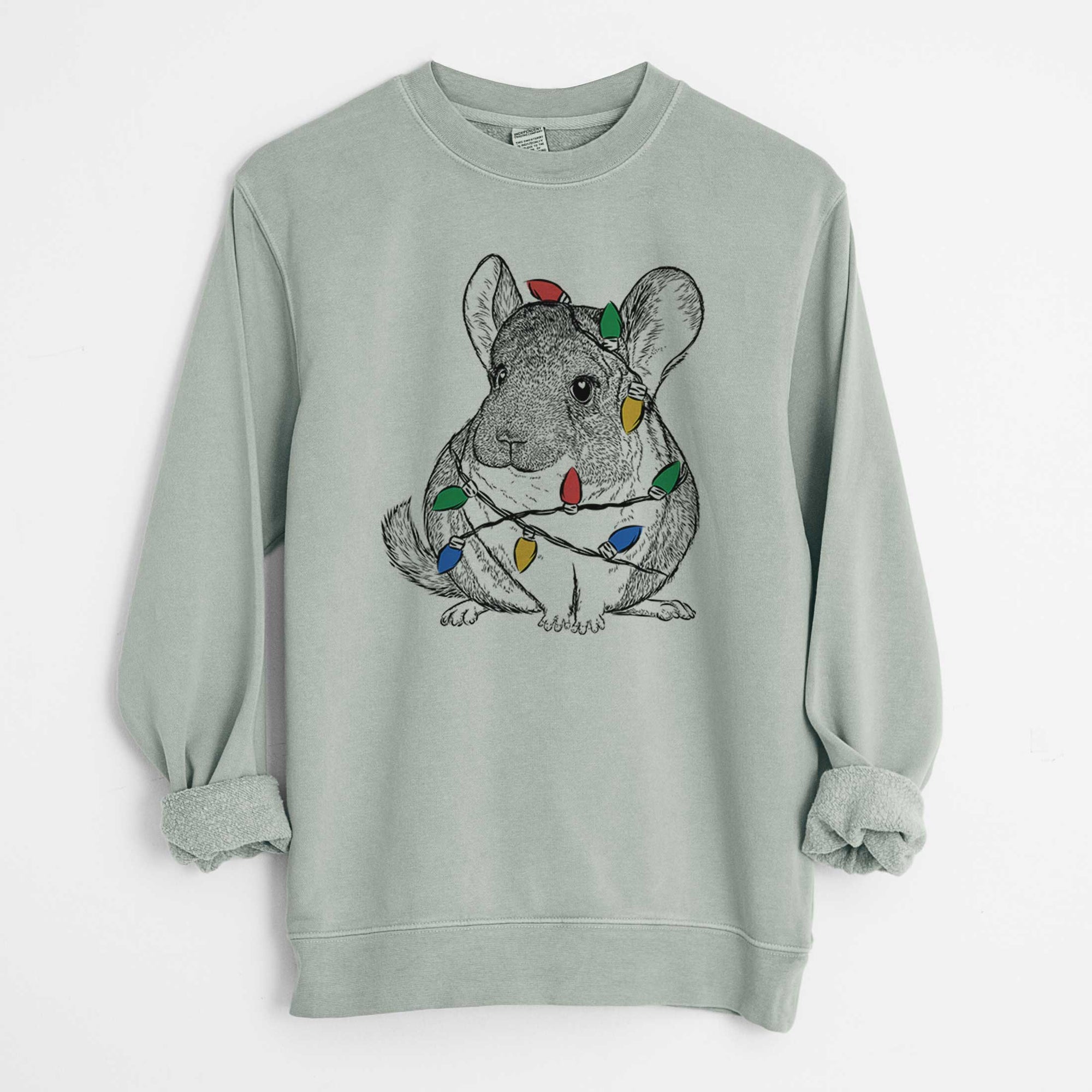 Christmas Lights Cheddar the Chinchilla - Unisex Pigment Dyed Crew Sweatshirt