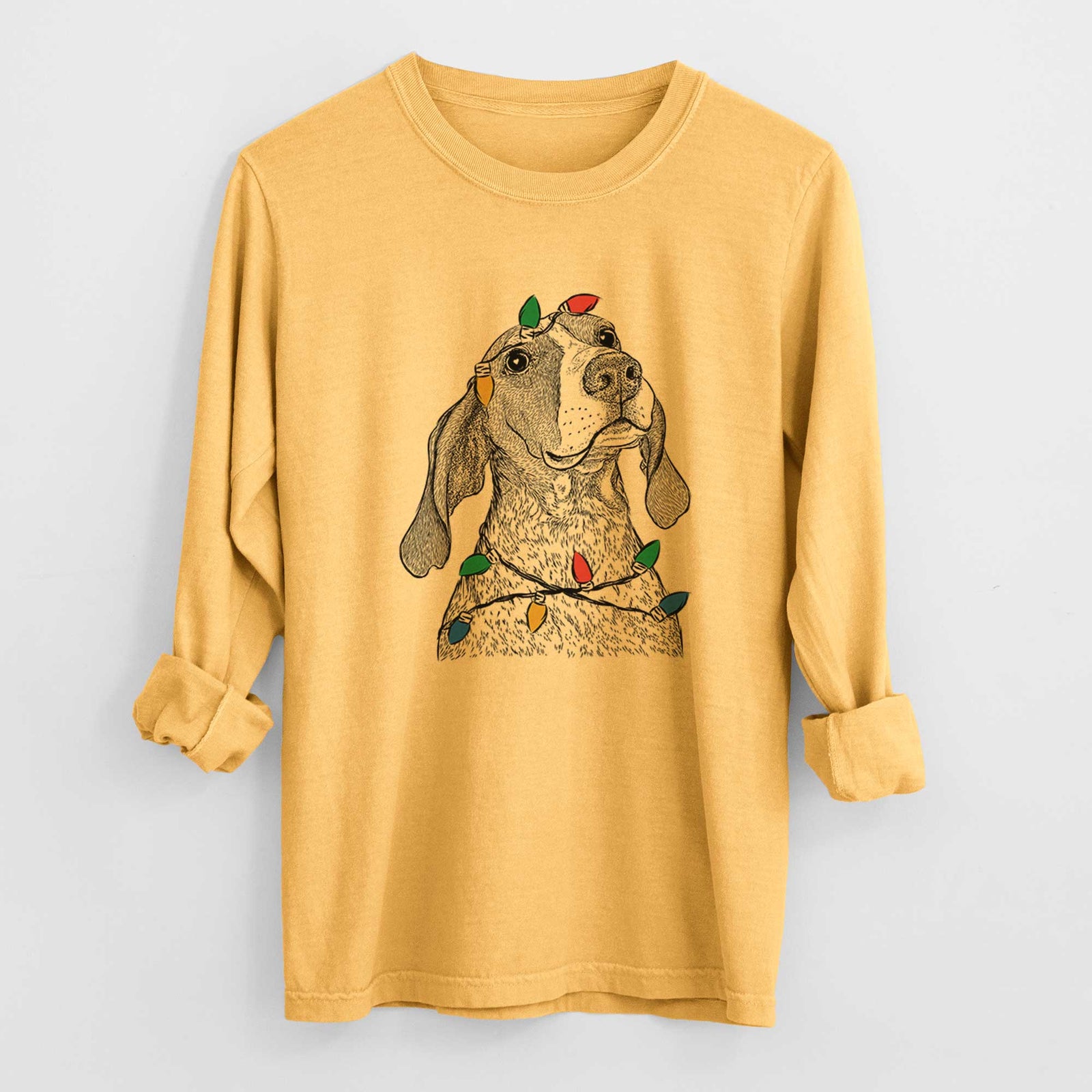 Christmas Lights Chester the Red Tick Coonhound - Heavyweight 100% Cotton Long Sleeve