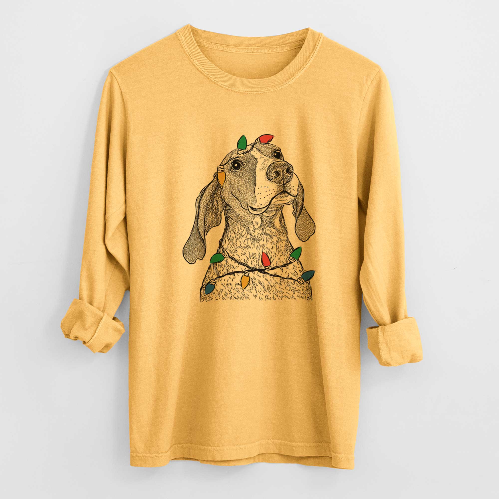 Christmas Lights Chester the Red Tick Coonhound - Heavyweight 100% Cotton Long Sleeve