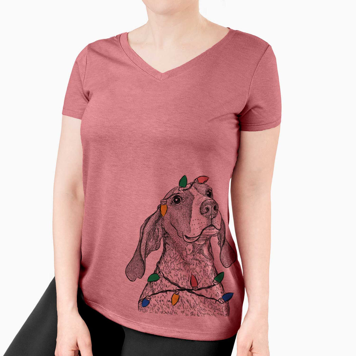 Christmas Lights Chester the Red Tick Coonhound - Women's V-neck Shirt